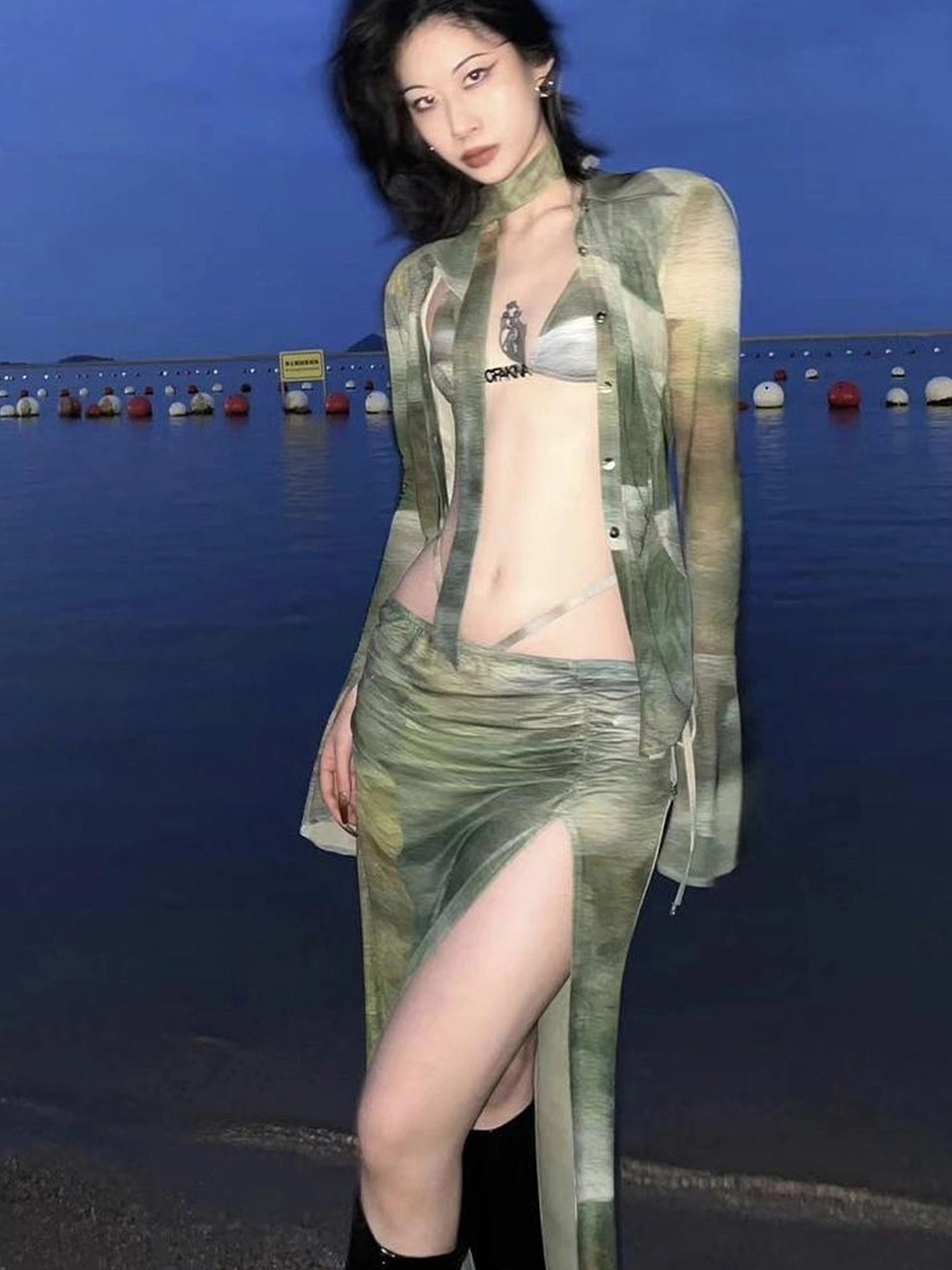 OfAkiva Jungle Print High Slit Mesh Maxi Skirt