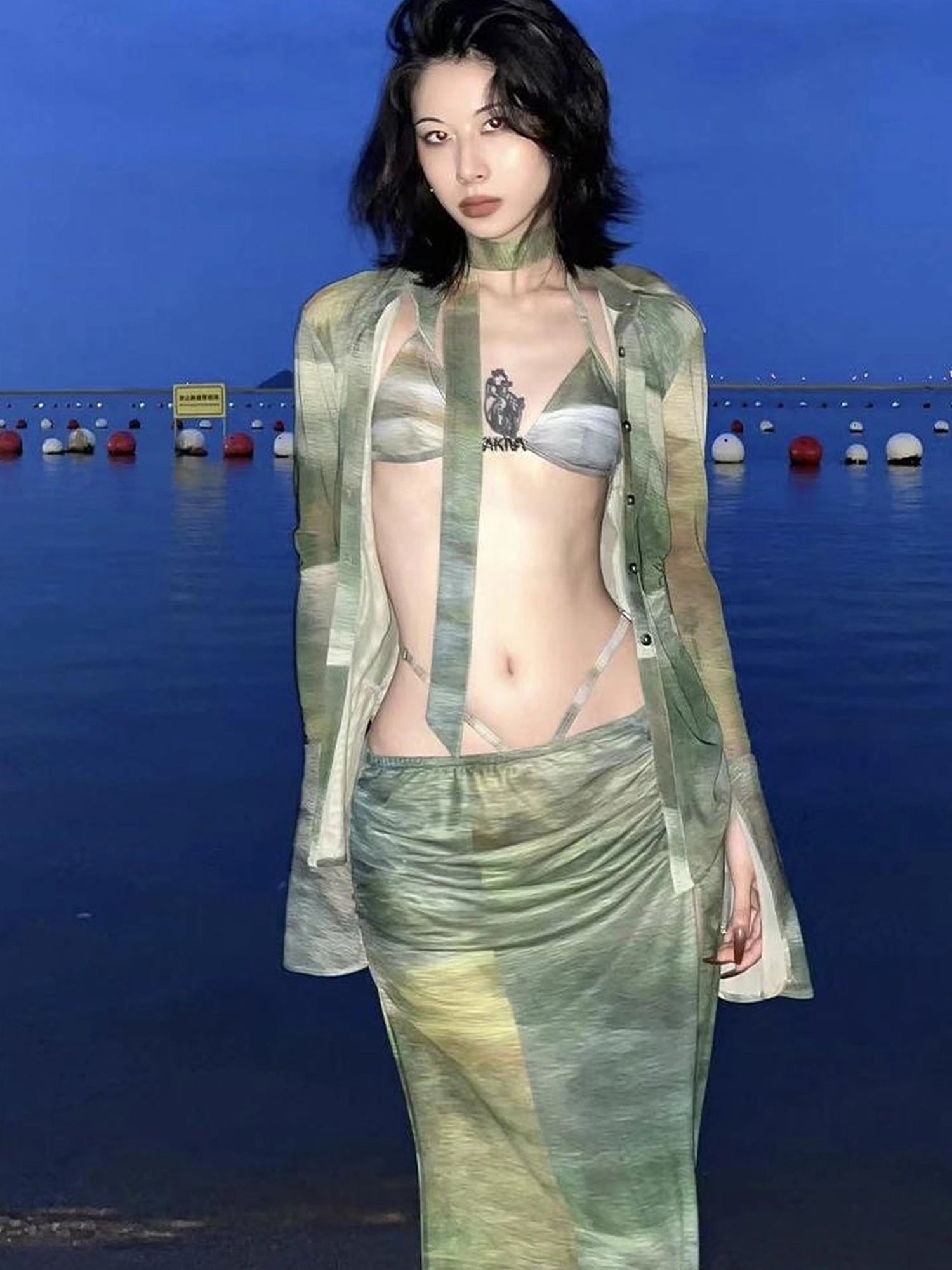 OfAkiva Jungle Print High Slit Mesh Maxi Skirt