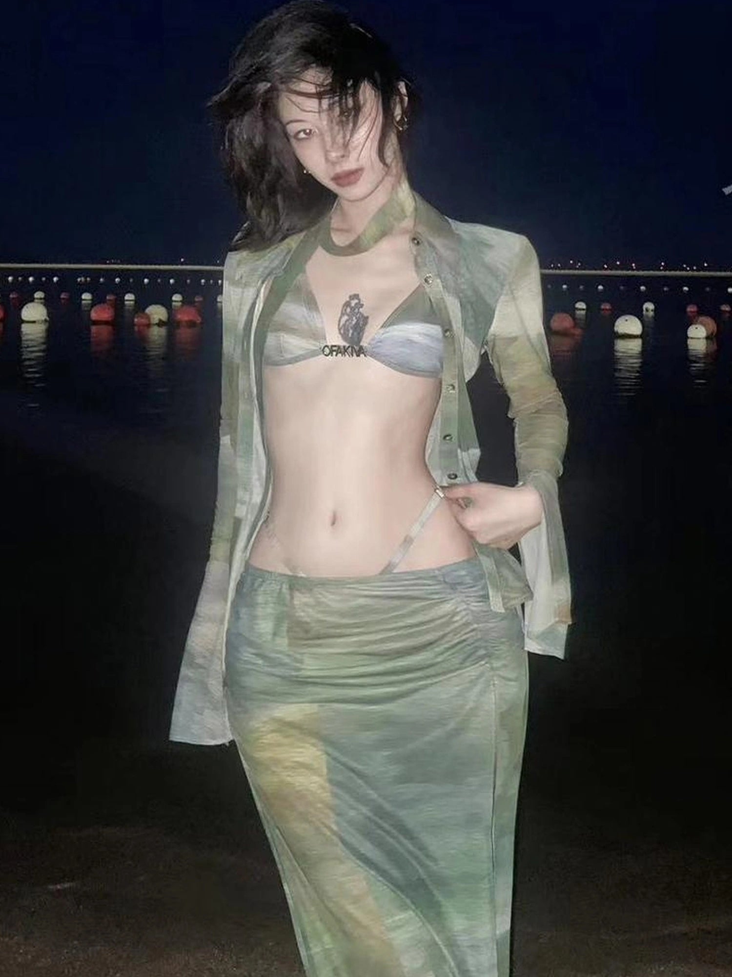 OfAkiva Jungle Print High Slit Mesh Maxi Skirt