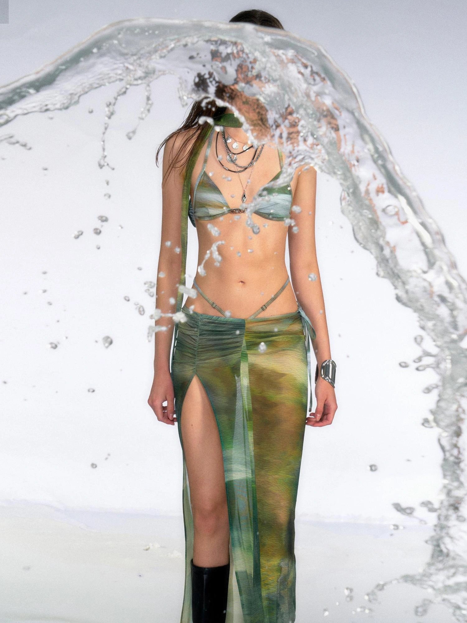 OfAkiva Jungle Print High Slit Mesh Maxi Skirt