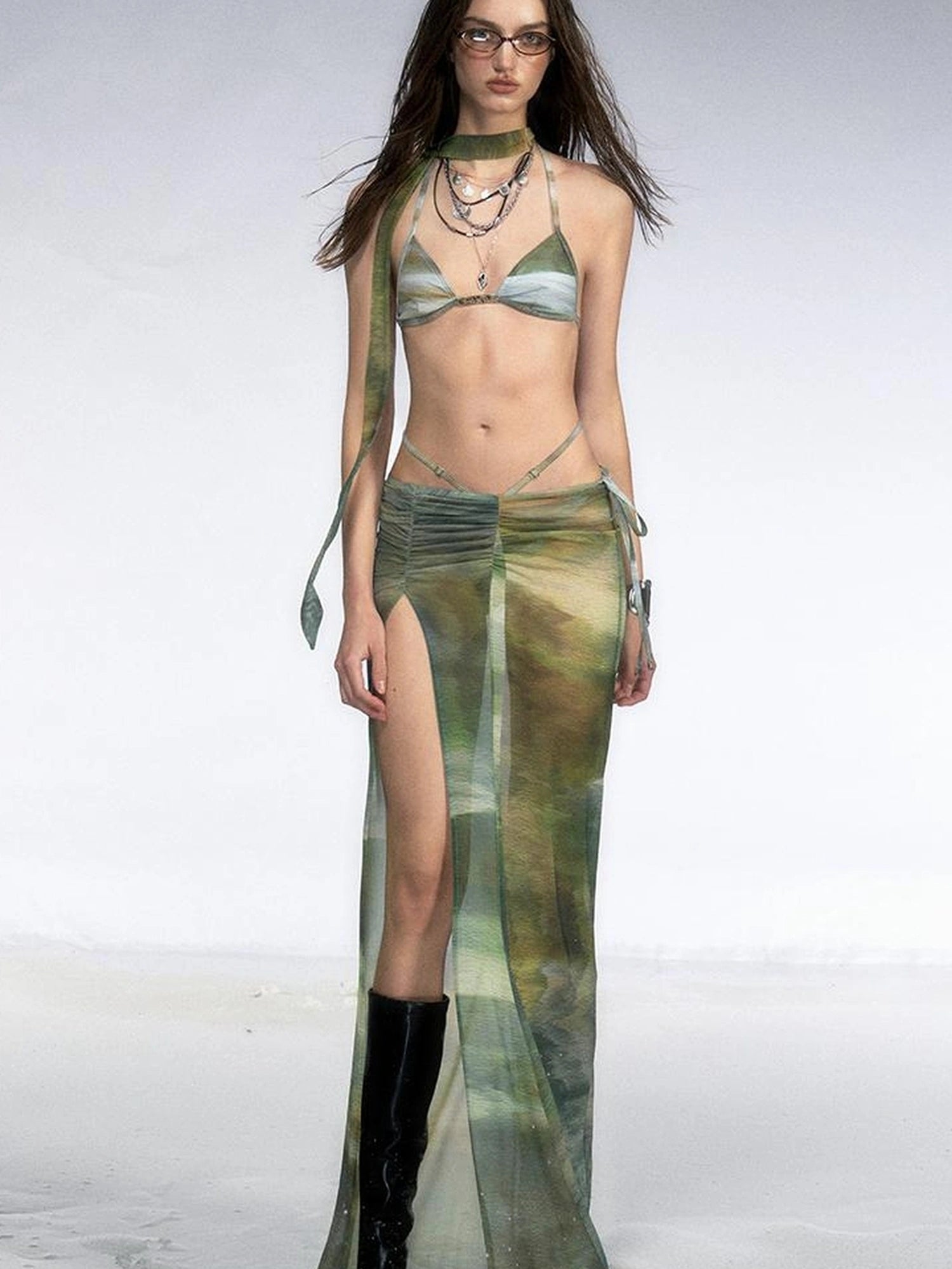 OfAkiva Jungle Print High Slit Mesh Maxi Skirt