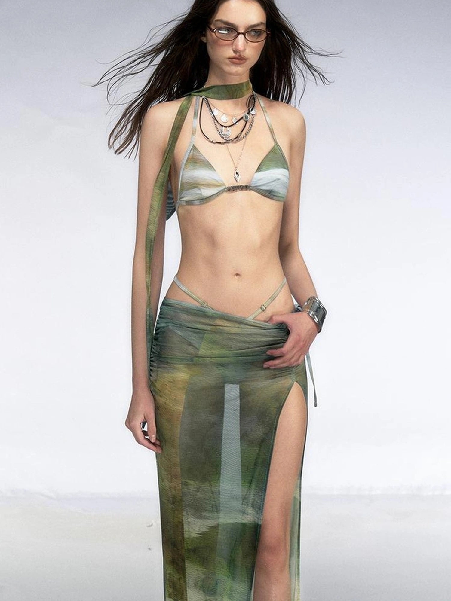 OfAkiva Jungle Print High Slit Mesh Maxi Skirt