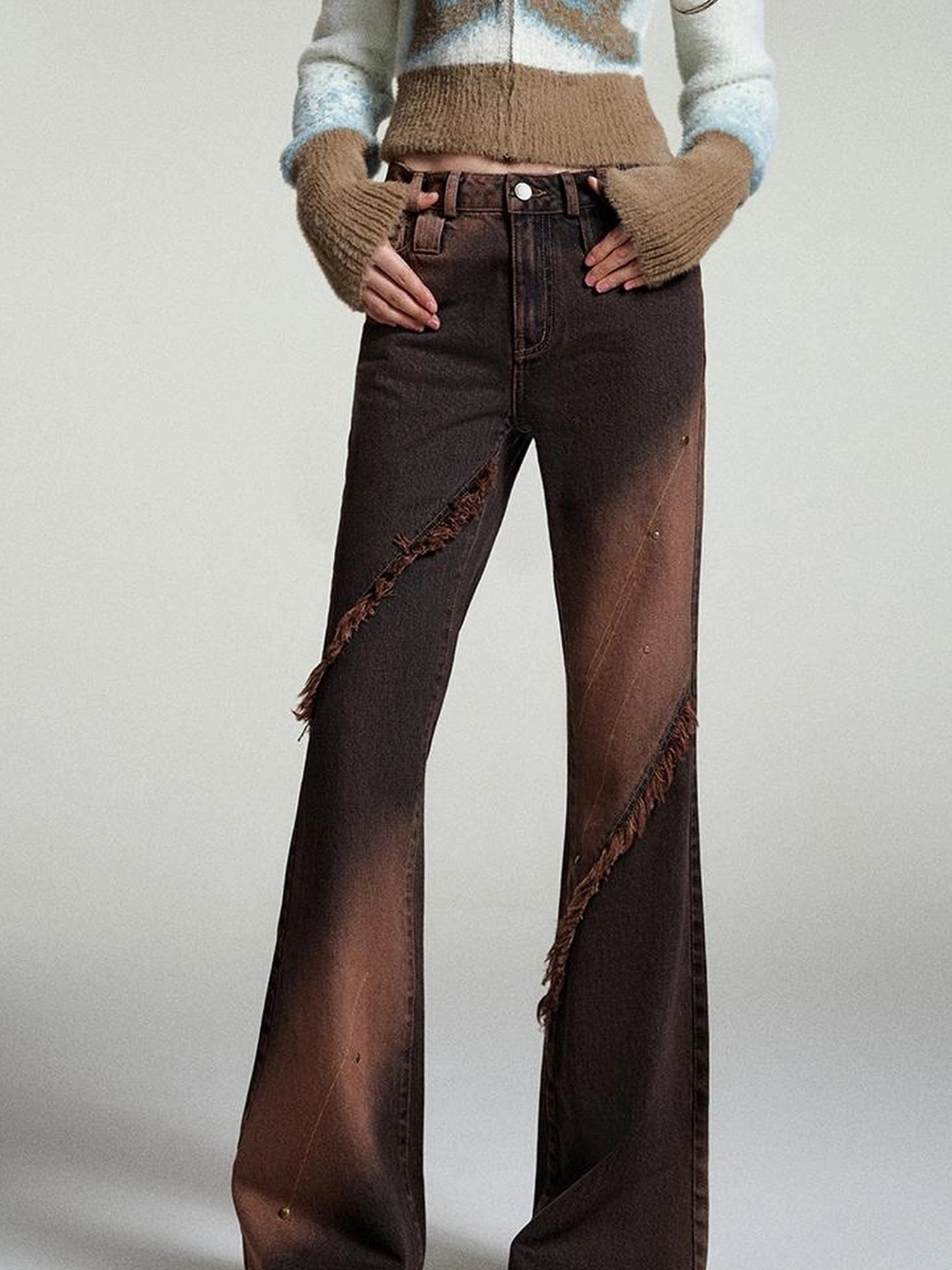 OfAkiva Kronos Brown Meteor Asymmetrical Flare Jeans