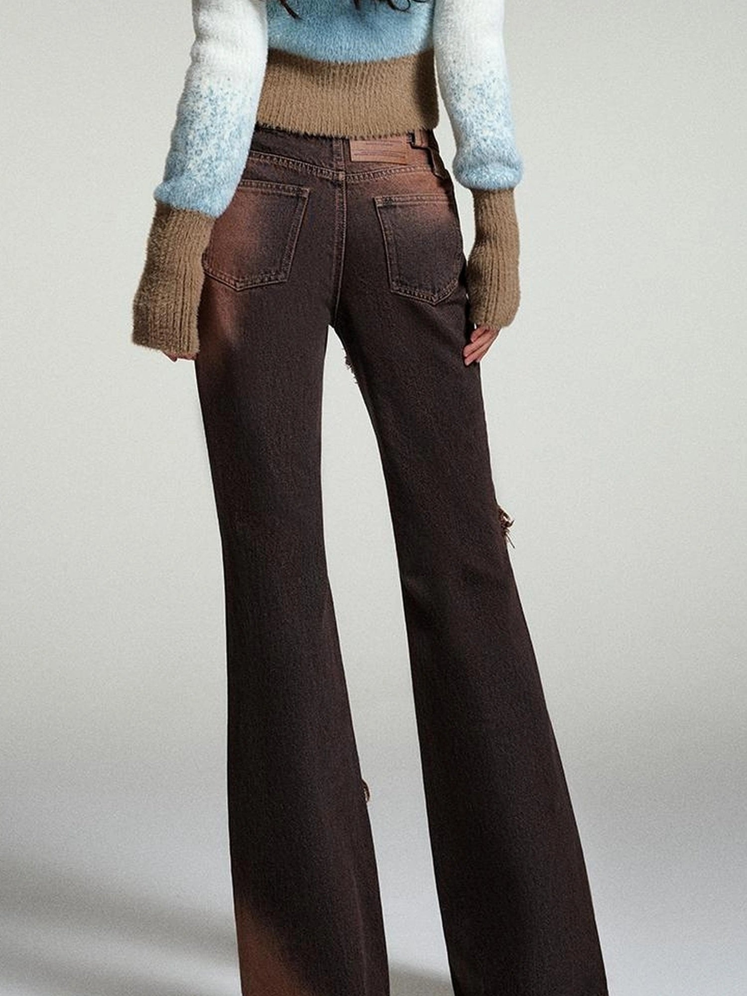 OfAkiva Kronos Brown Meteor Asymmetrical Flare Jeans