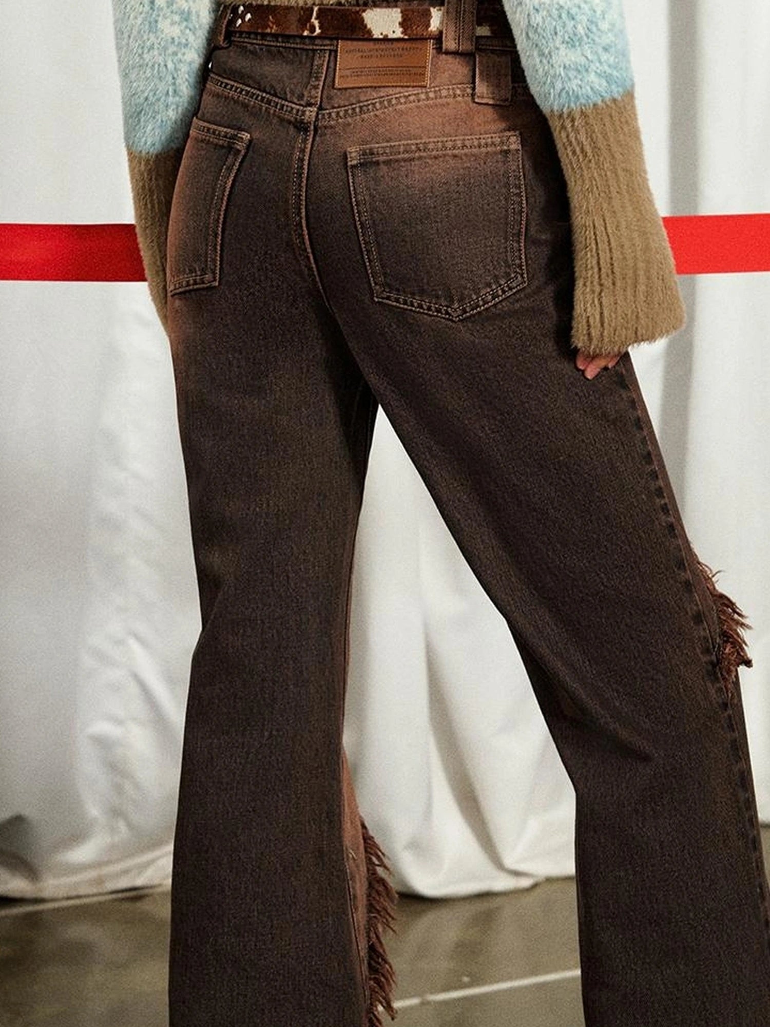 OfAkiva Kronos Brown Meteor Asymmetrical Flare Jeans