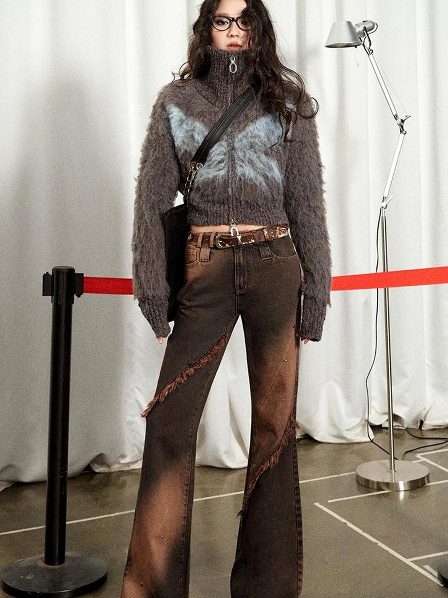 OfAkiva Kronos Brown Meteor Asymmetrical Flare Jeans