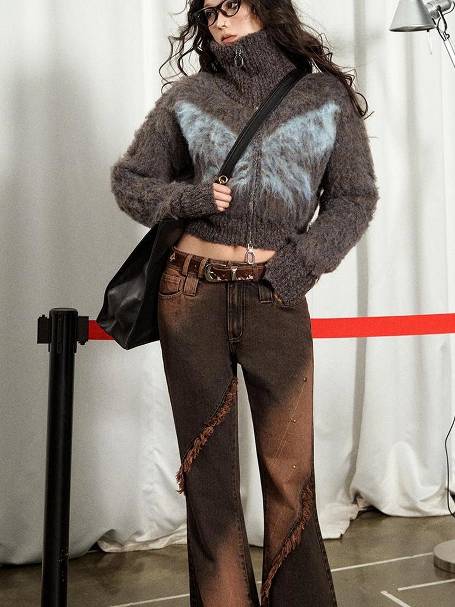 OfAkiva Kronos Brown Meteor Asymmetrical Flare Jeans