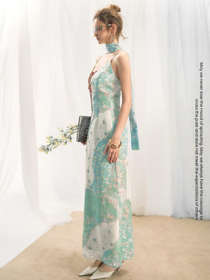 OfAkiva Lace Spliced Floral V-neck Cinched Waist Women&