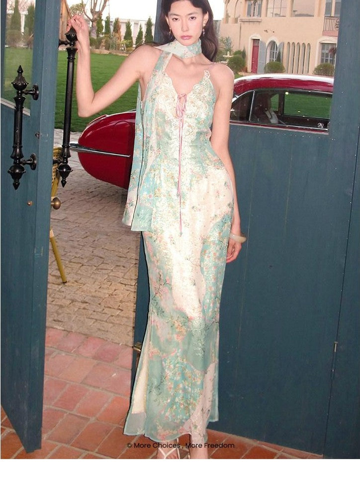 OfAkiva Lace Spliced Floral V-neck Cinched Waist Women&