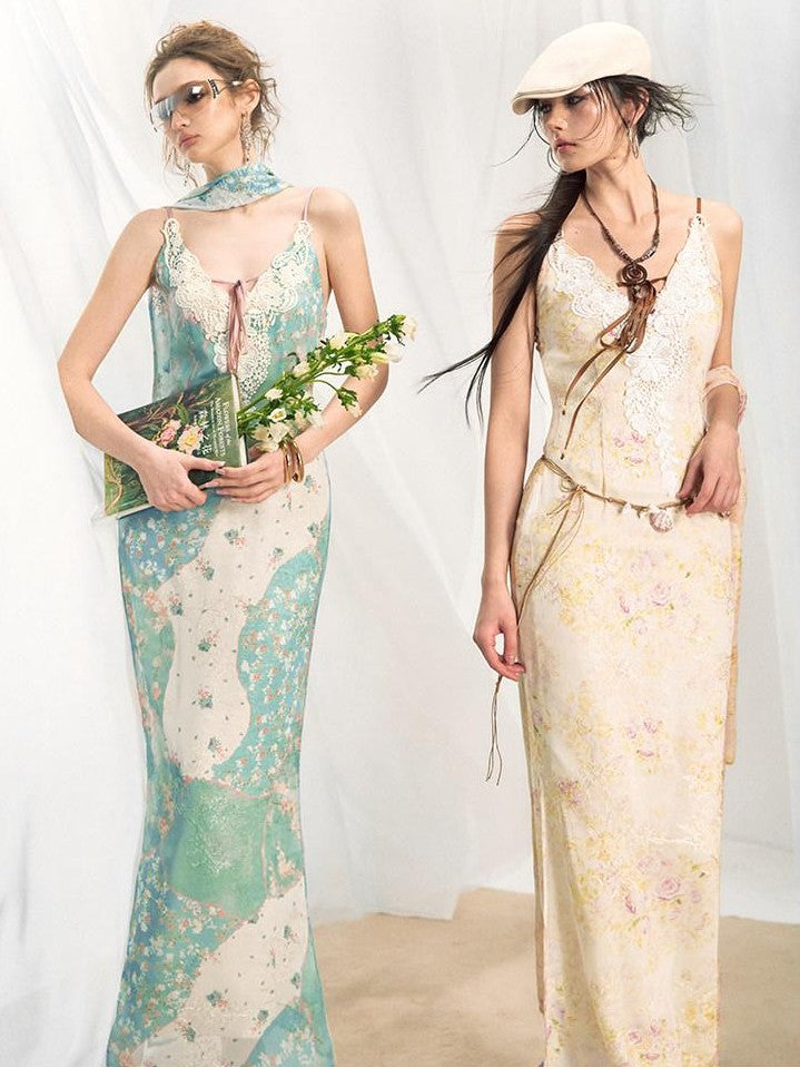 OfAkiva Lace Spliced Floral V-neck Cinched Waist Women&