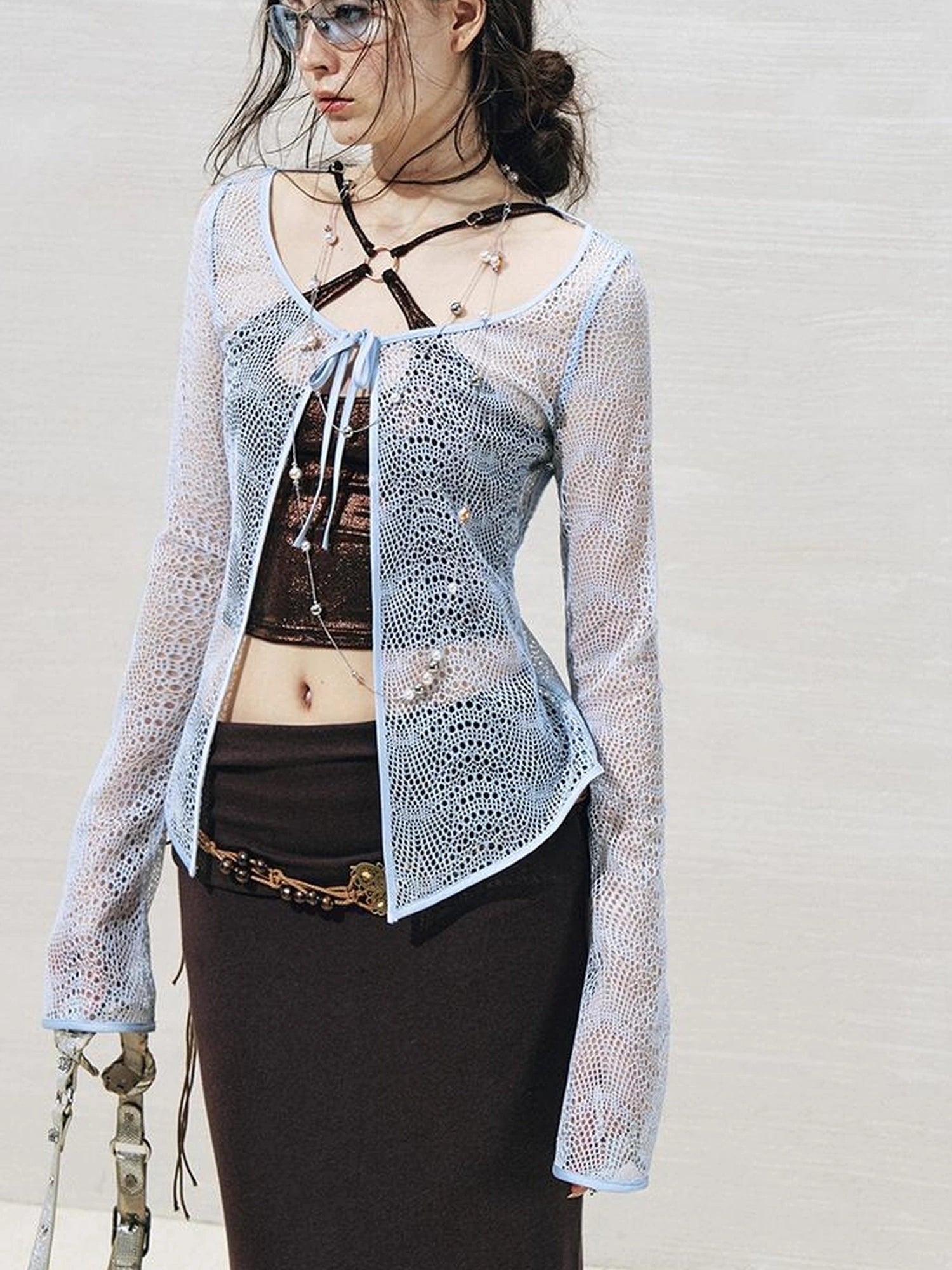 OfAkiva Lace Trimmed Metallic Knit Two Piece Tie Front Set