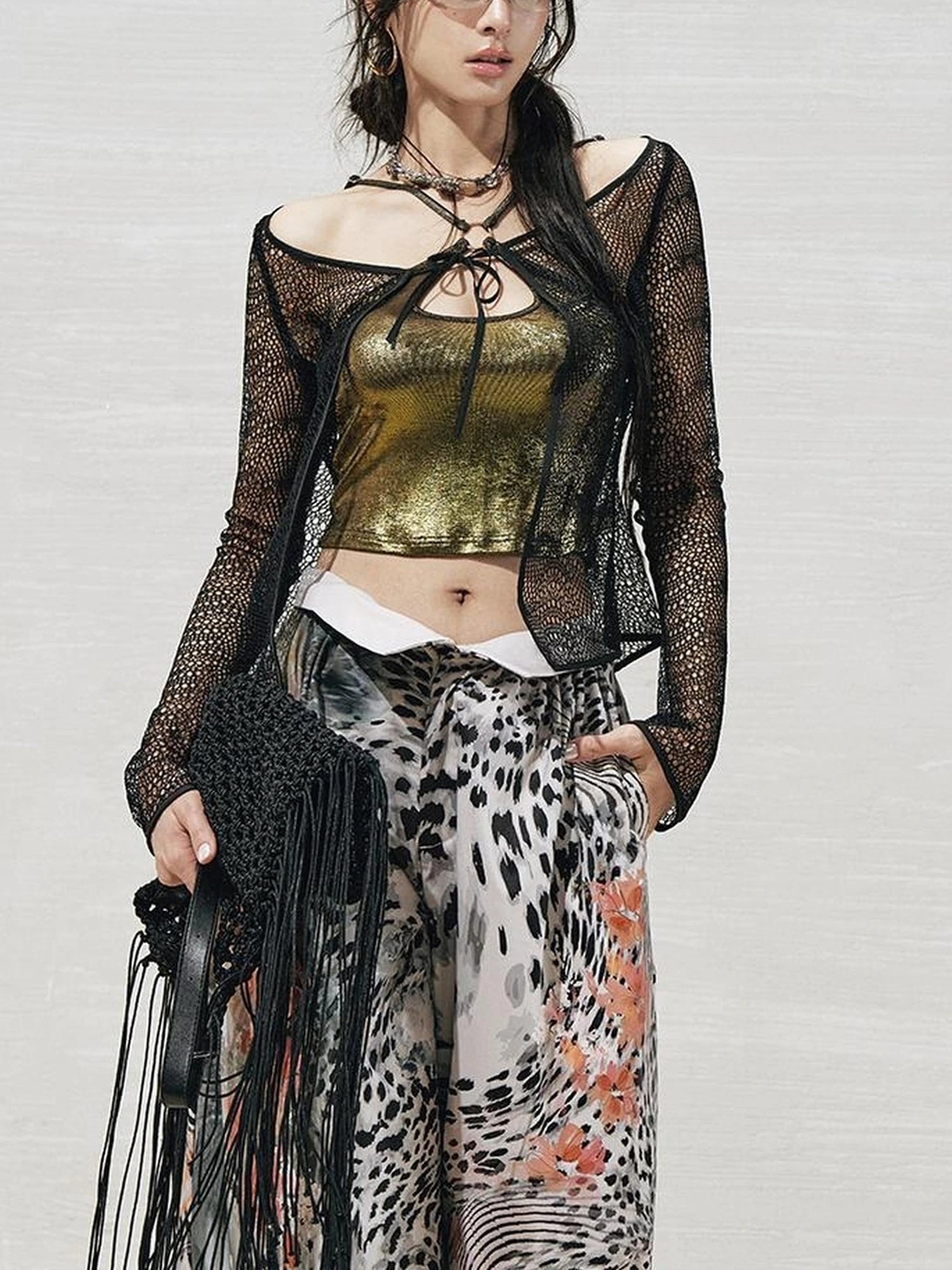 OfAkiva Lace Trimmed Metallic Knit Two Piece Tie Front Set