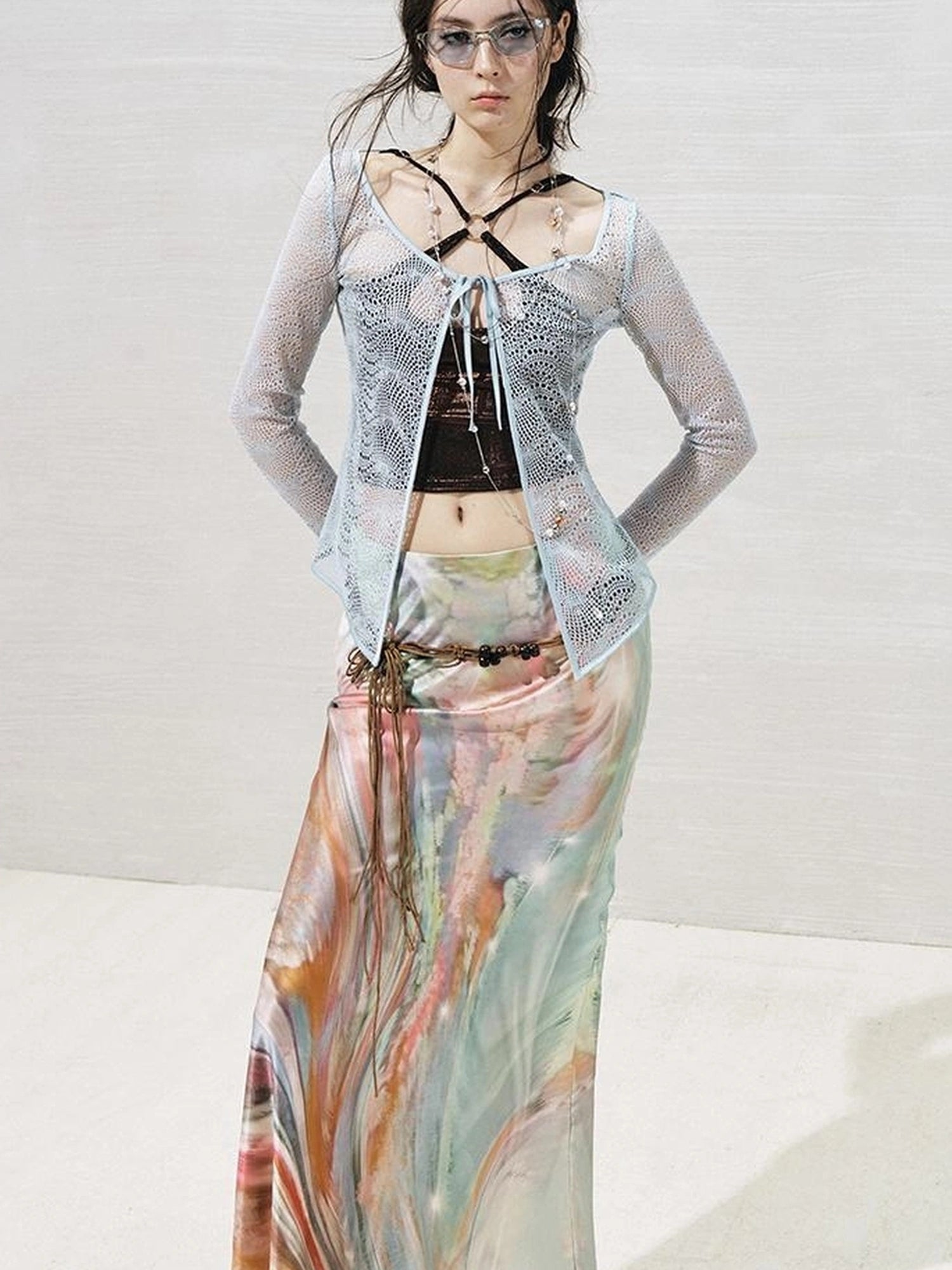 OfAkiva Lace Trimmed Metallic Knit Two Piece Tie Front Set