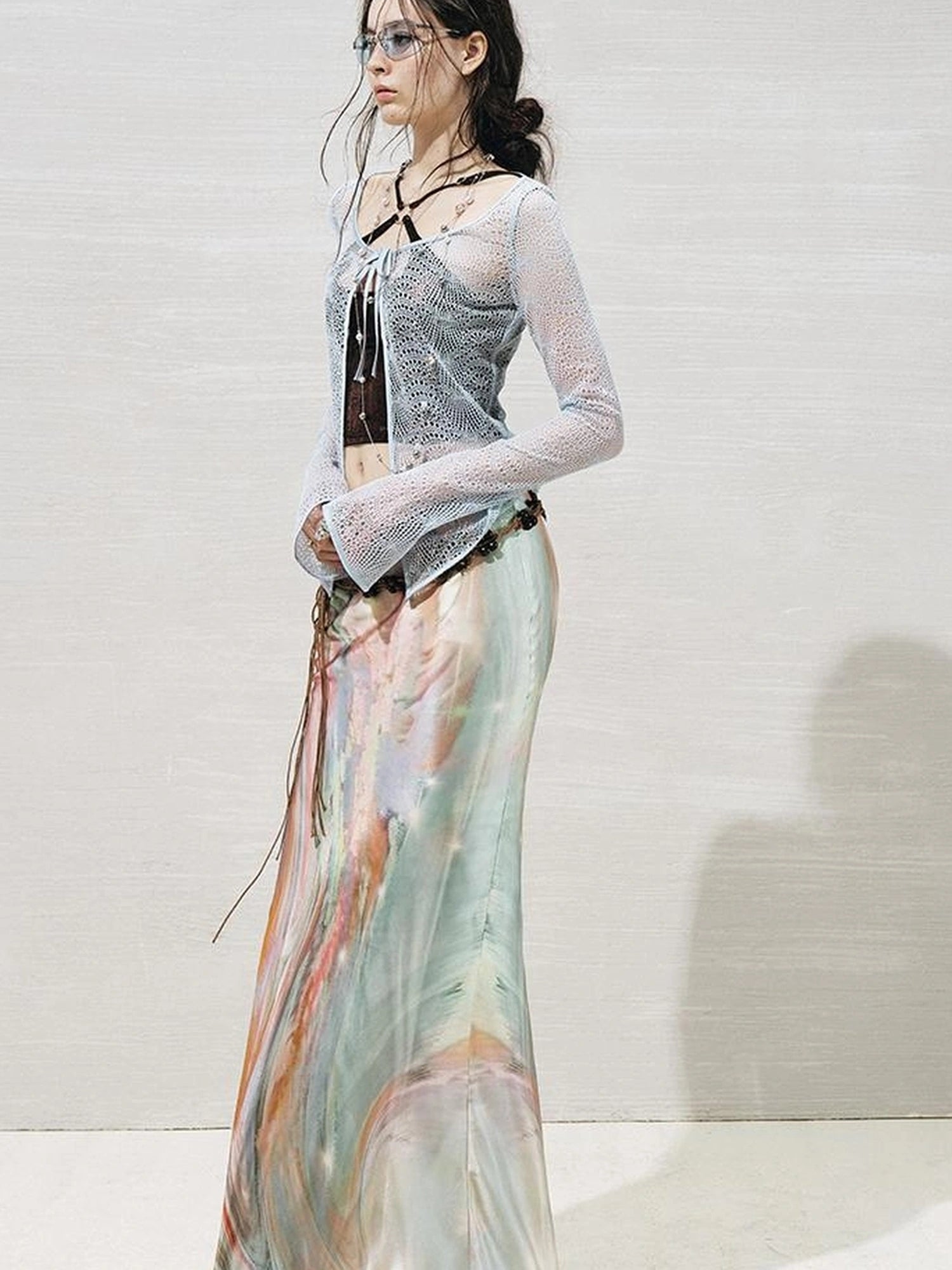 OfAkiva Lace Trimmed Metallic Knit Two Piece Tie Front Set