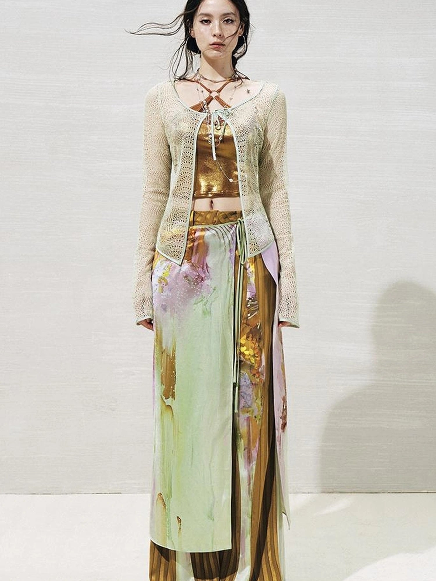 OfAkiva Lace Trimmed Metallic Knit Two Piece Tie Front Set