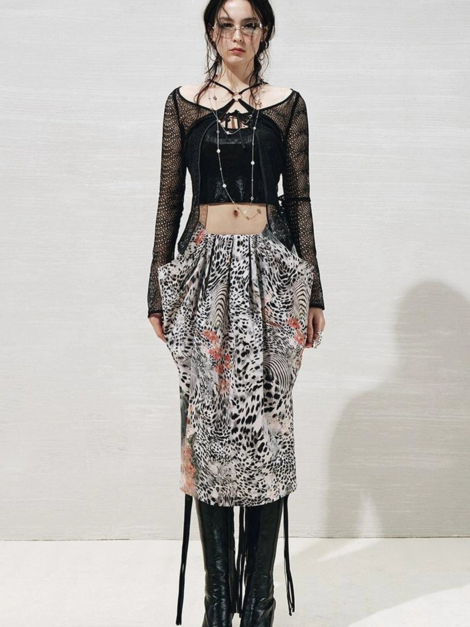 OfAkiva Lace Trimmed Metallic Knit Two Piece Tie Front Set