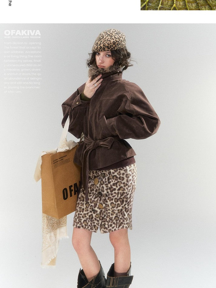 OfAkiva Leopard Print Button Detail High Waist Women&