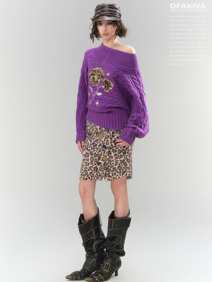 OfAkiva Leopard Print Button Detail High Waist Women&