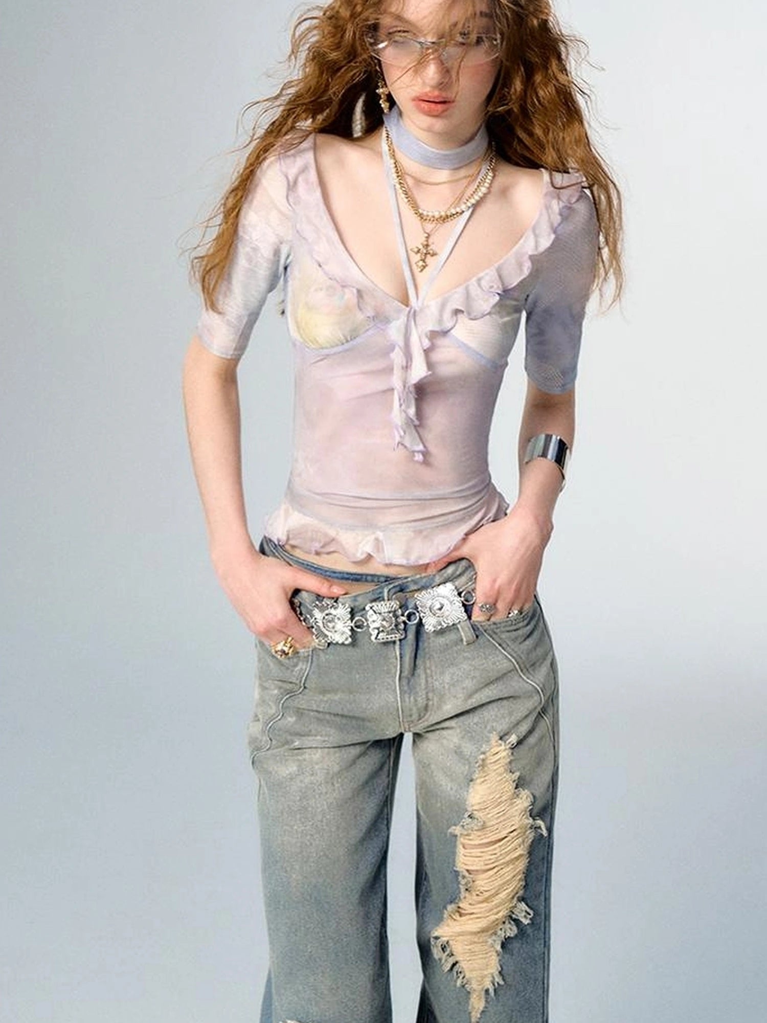 OfAkiva Medici Lavender V-Neck Chiffon Blouse With Flounce