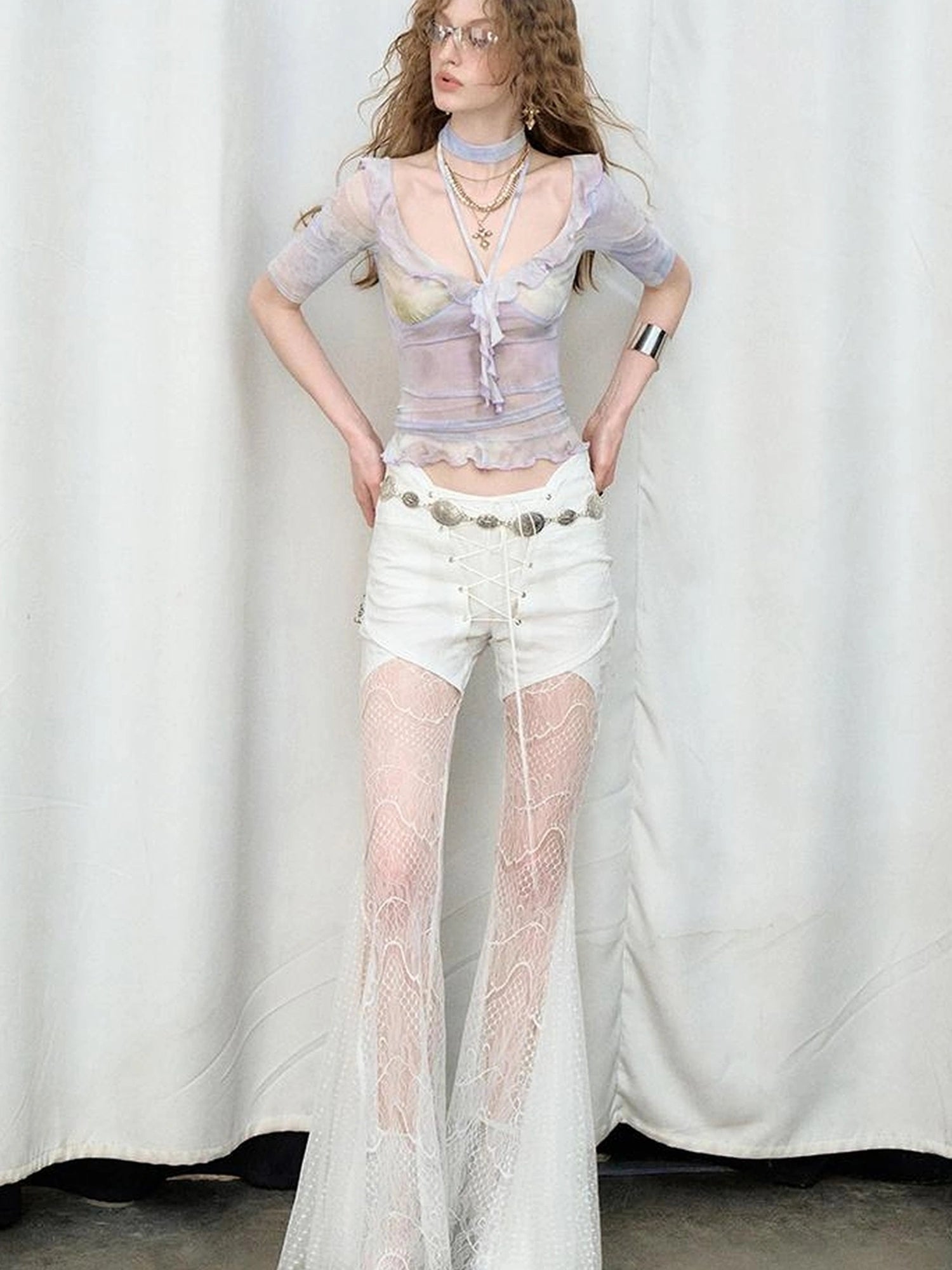 OfAkiva Medici Lavender V-Neck Chiffon Blouse With Flounce