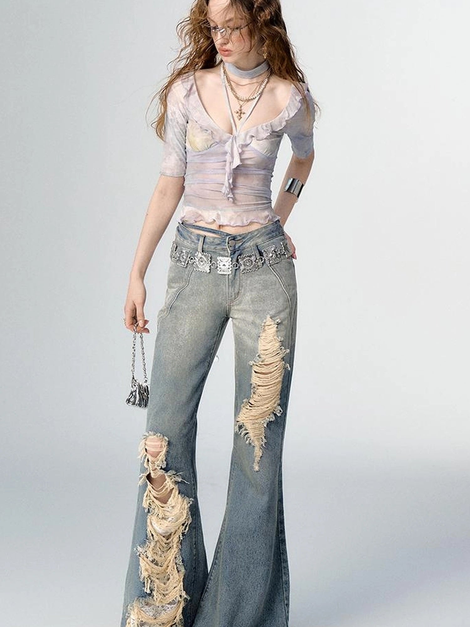 OfAkiva Medici Lavender V-Neck Chiffon Blouse With Flounce