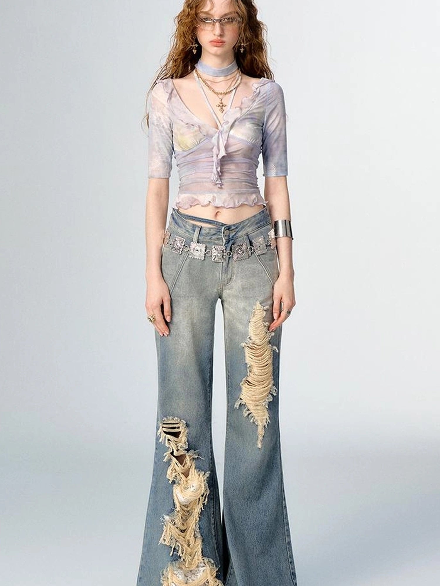 OfAkiva Medici Lavender V-Neck Chiffon Blouse With Flounce