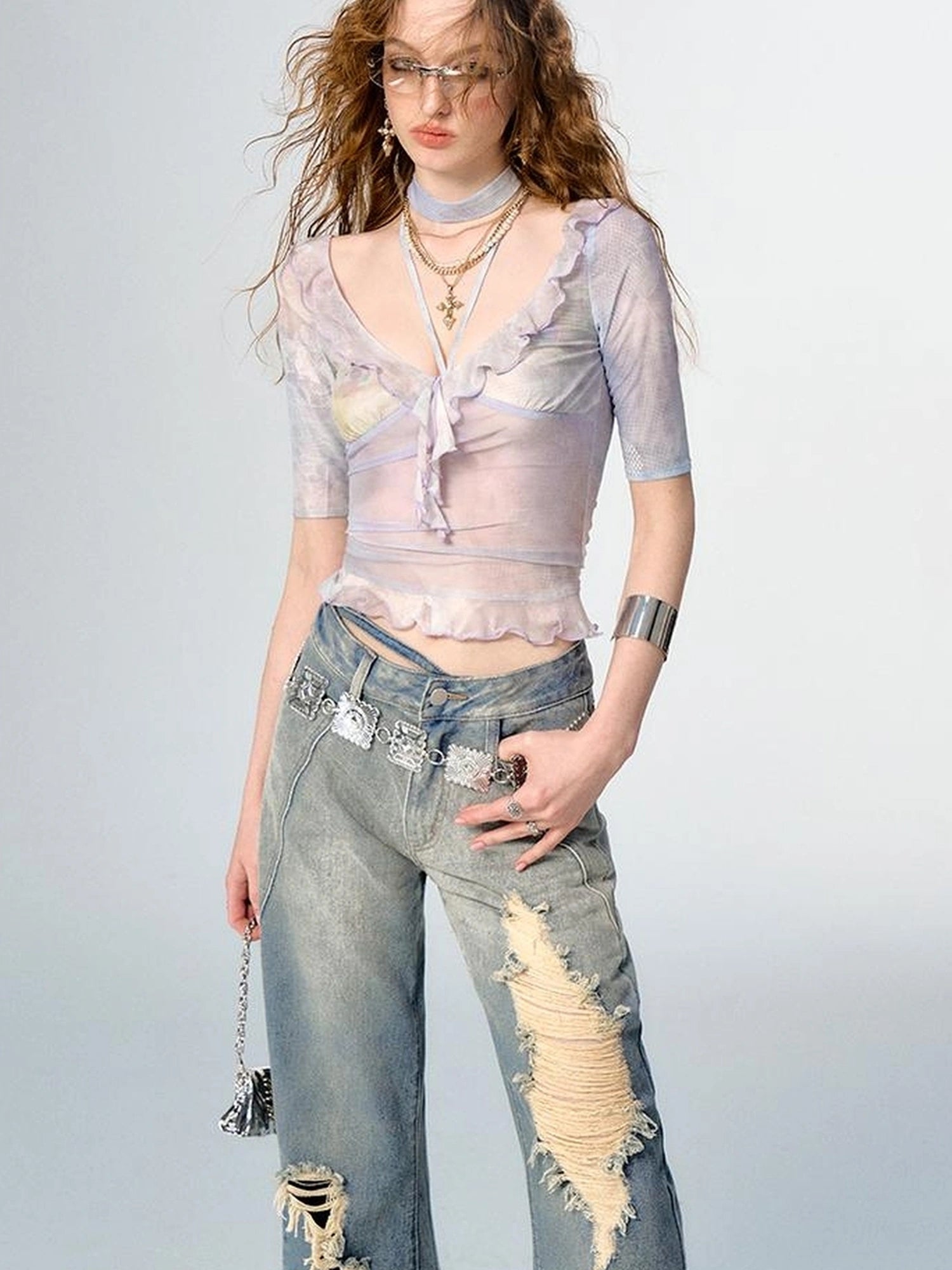 OfAkiva Medici Lavender V-Neck Chiffon Blouse With Flounce