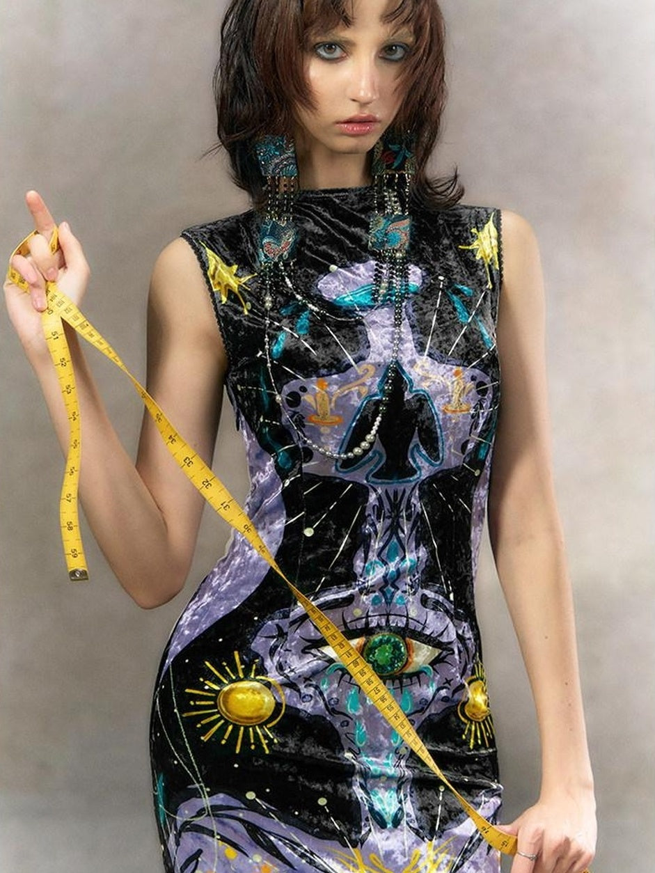 OfAkiva Minimalist Mystic Tarot Print High Waist A Line Sleeveless Women Maxi Dresses