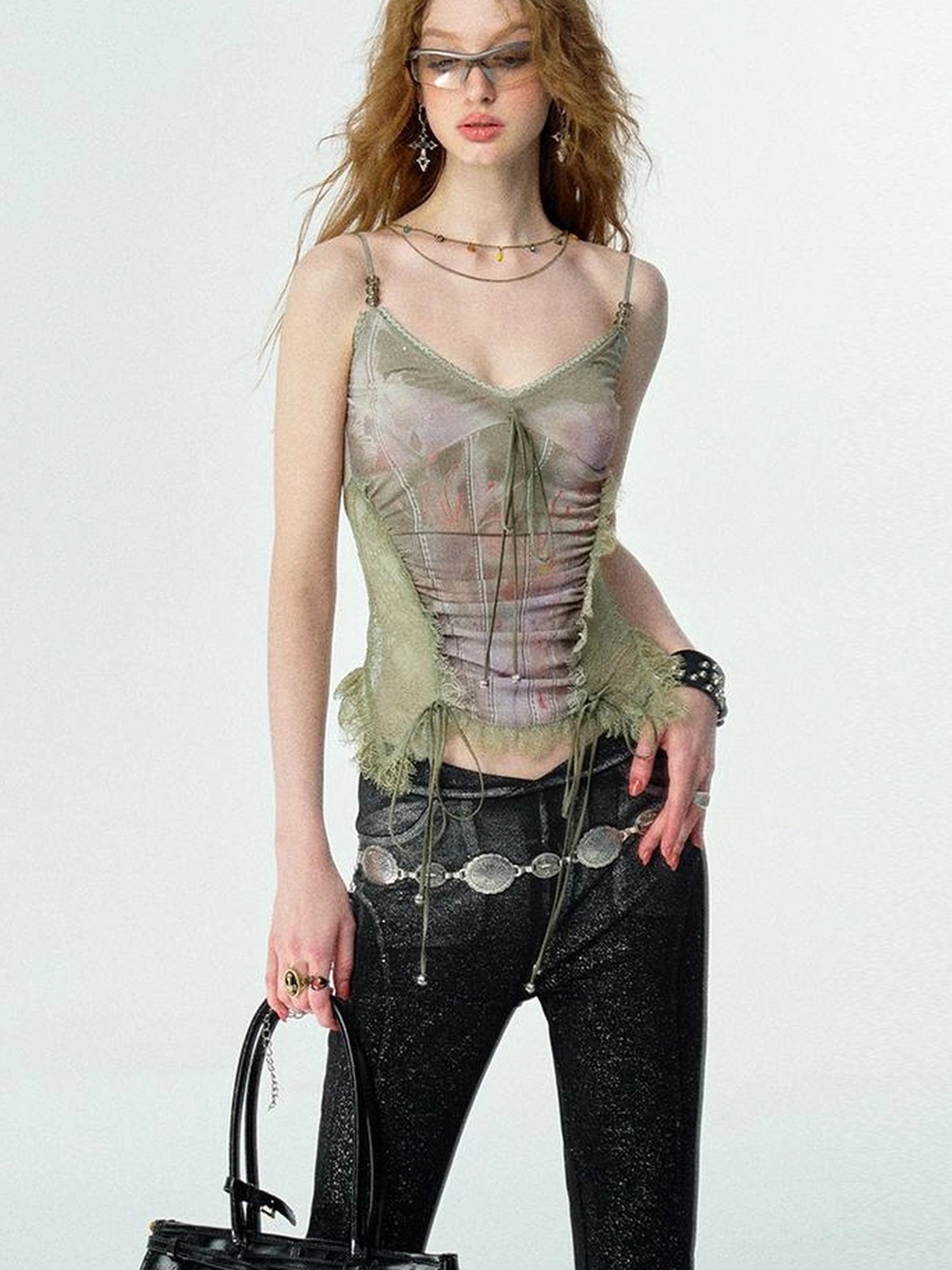 Mint Mambo Lace Trimmed Print Camisole With Beaded Details