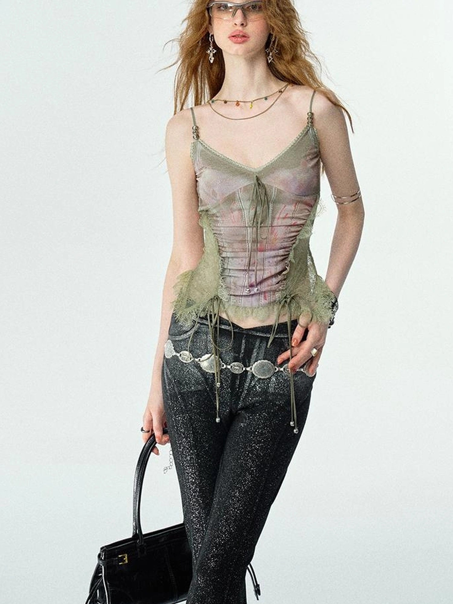 Mint Mambo Lace Trimmed Print Camisole With Beaded Details