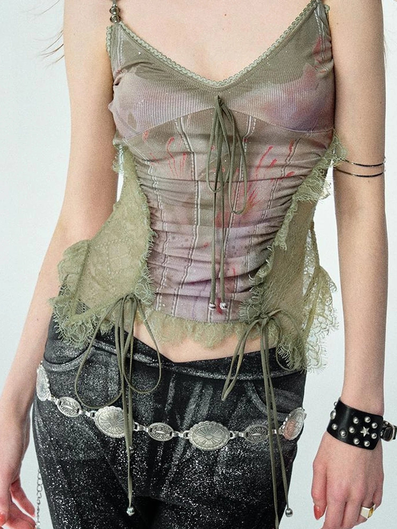 Mint Mambo Lace Trimmed Print Camisole With Beaded Details