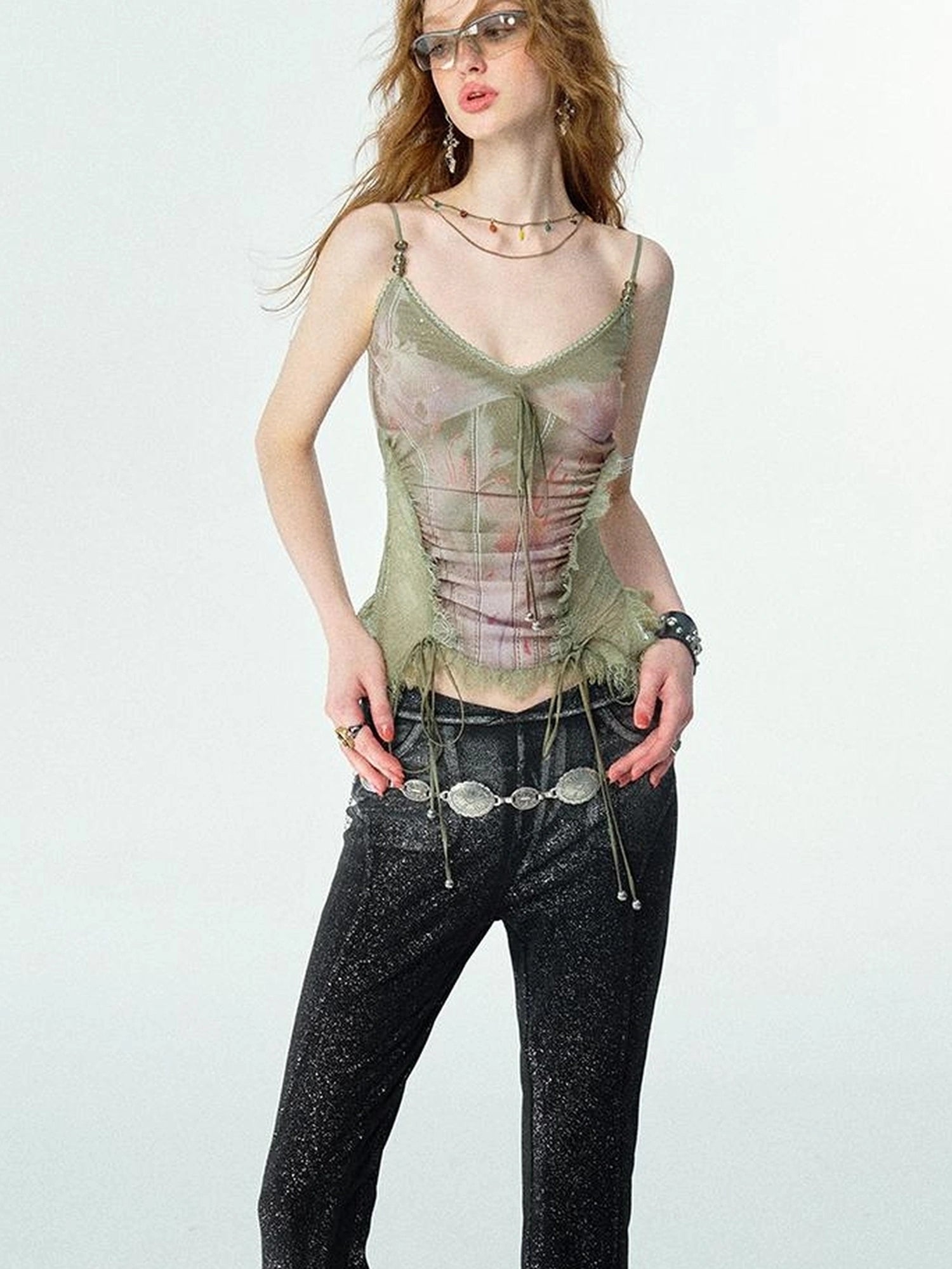 Mint Mambo Lace Trimmed Print Camisole With Beaded Details