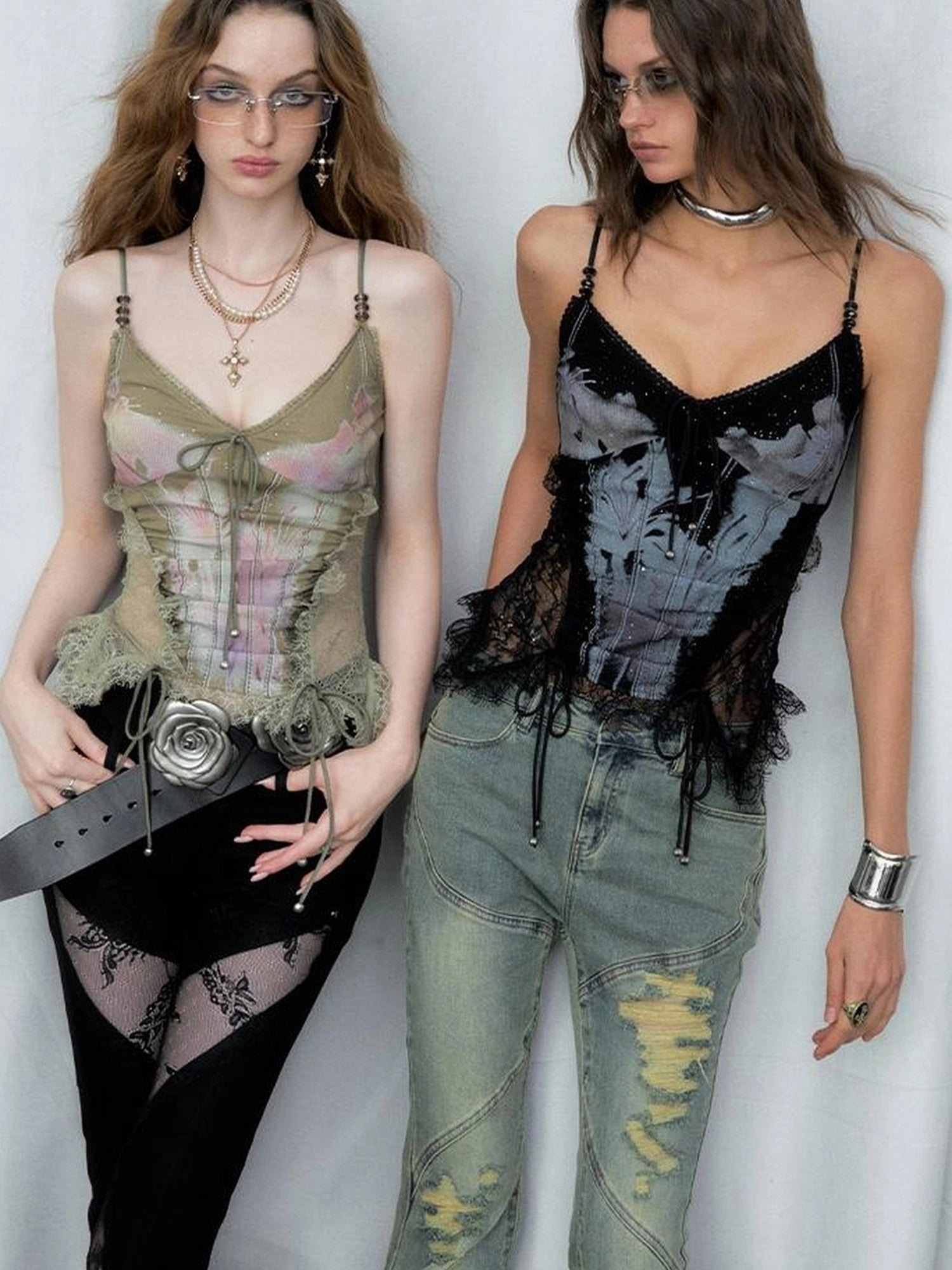 Mint Mambo Lace Trimmed Print Camisole With Beaded Details