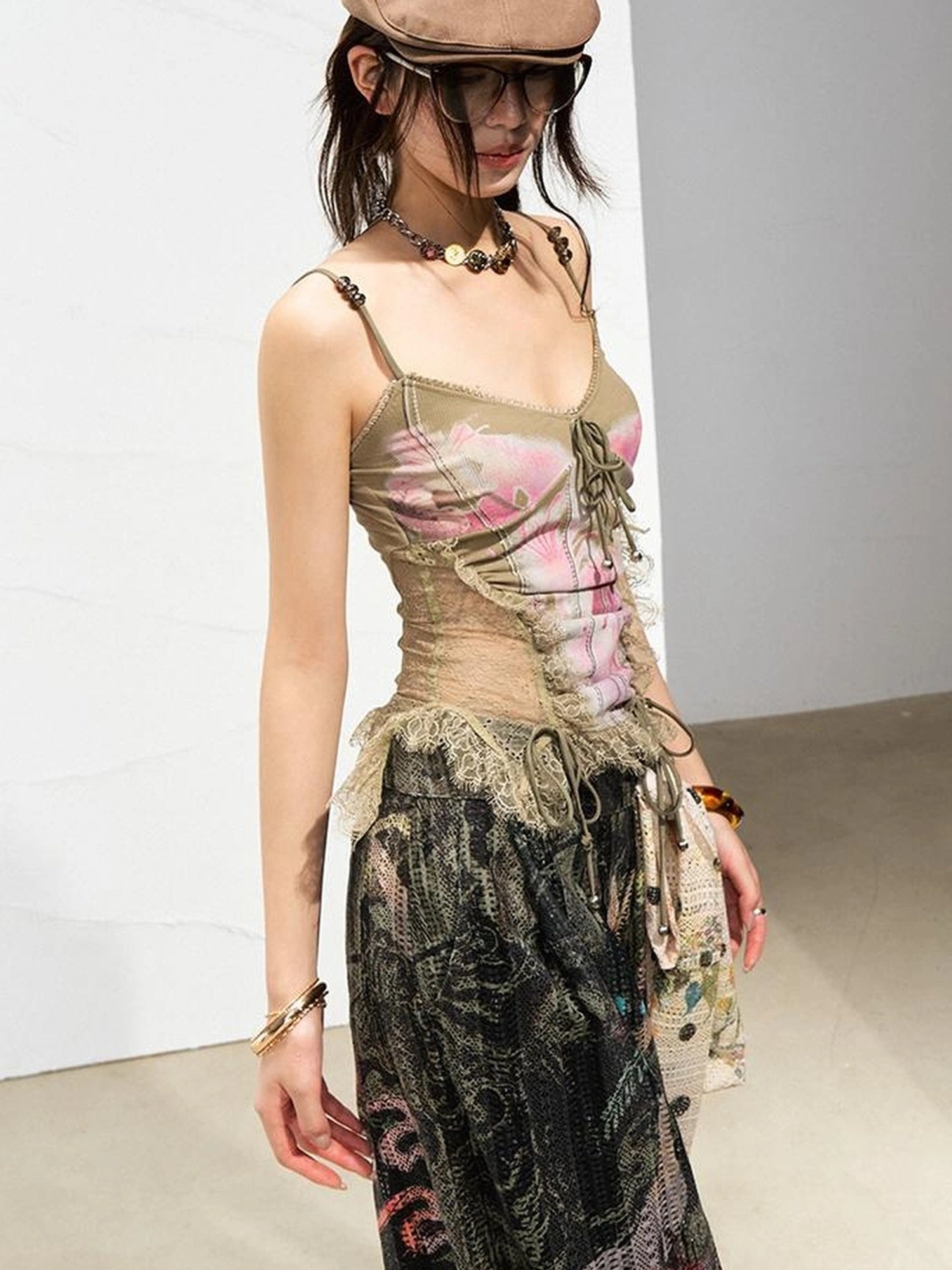 Mint Mambo Lace Trimmed Print Camisole With Beaded Details