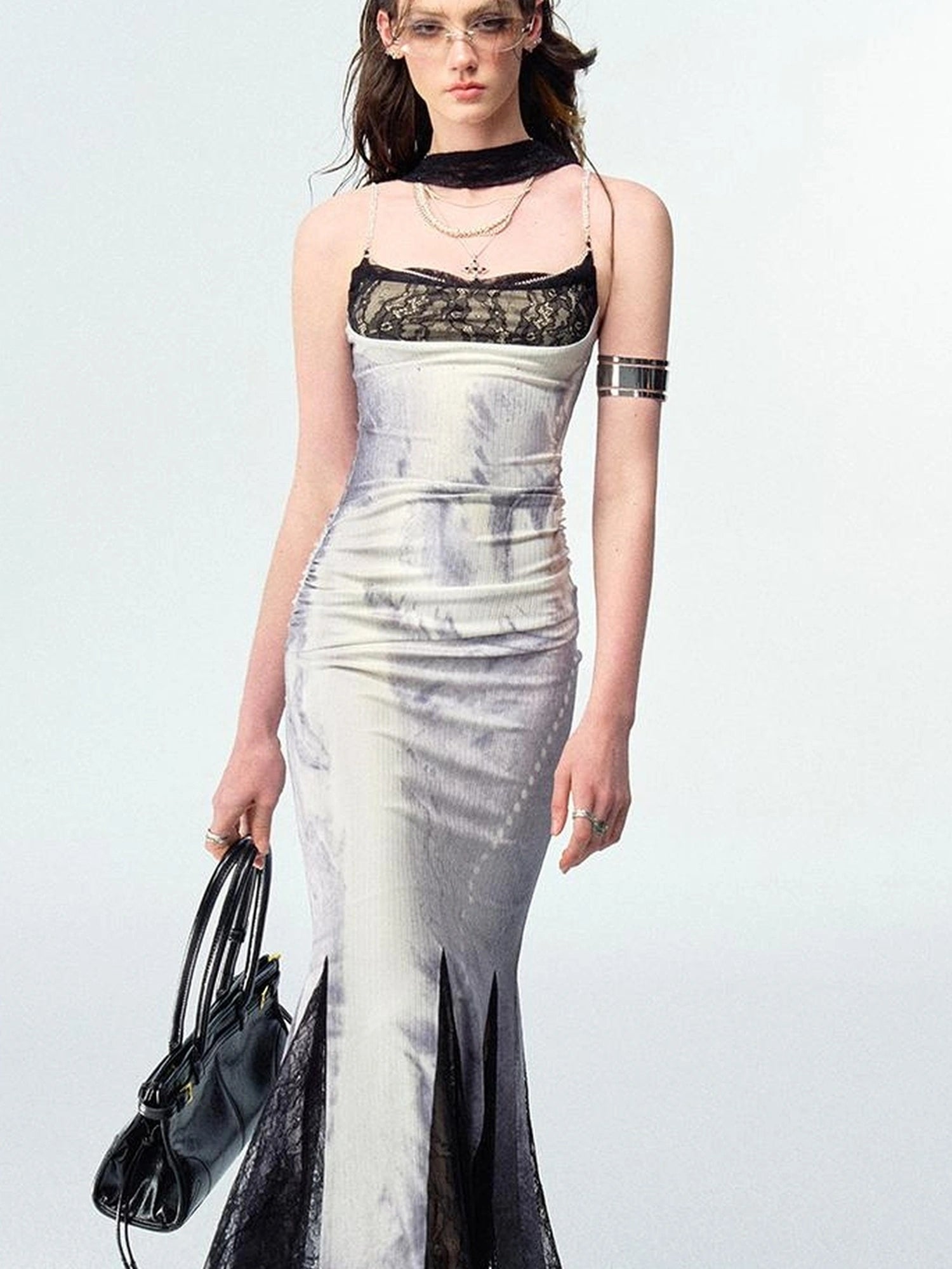 OfAkiva Moonlit Sculpture Lace Crystal Drop Neck V-neck Dress