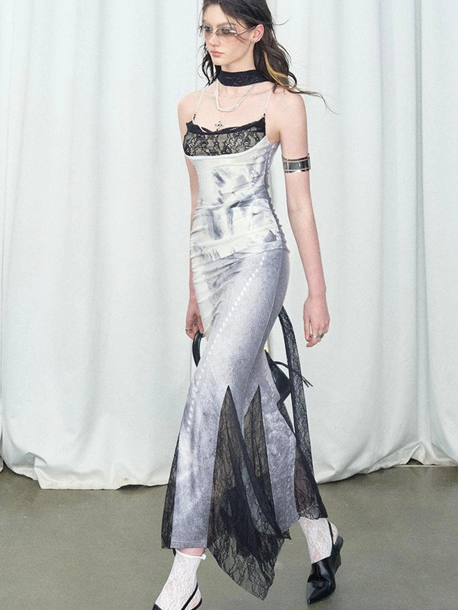 OfAkiva Moonlit Sculpture Lace Crystal Drop Neck V-neck Dress