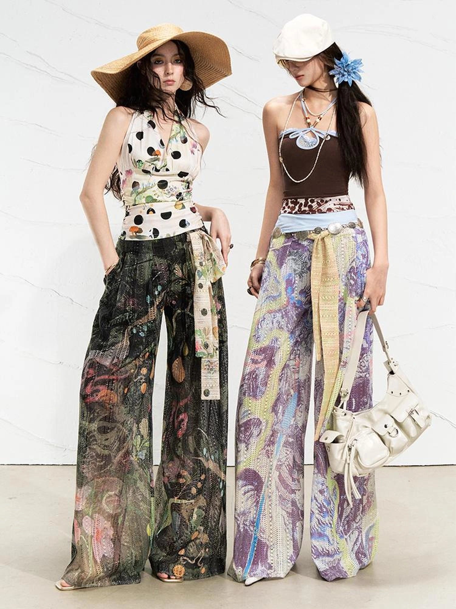 OfAkiva Mystic Forest Sheer Print Wide Leg Pants