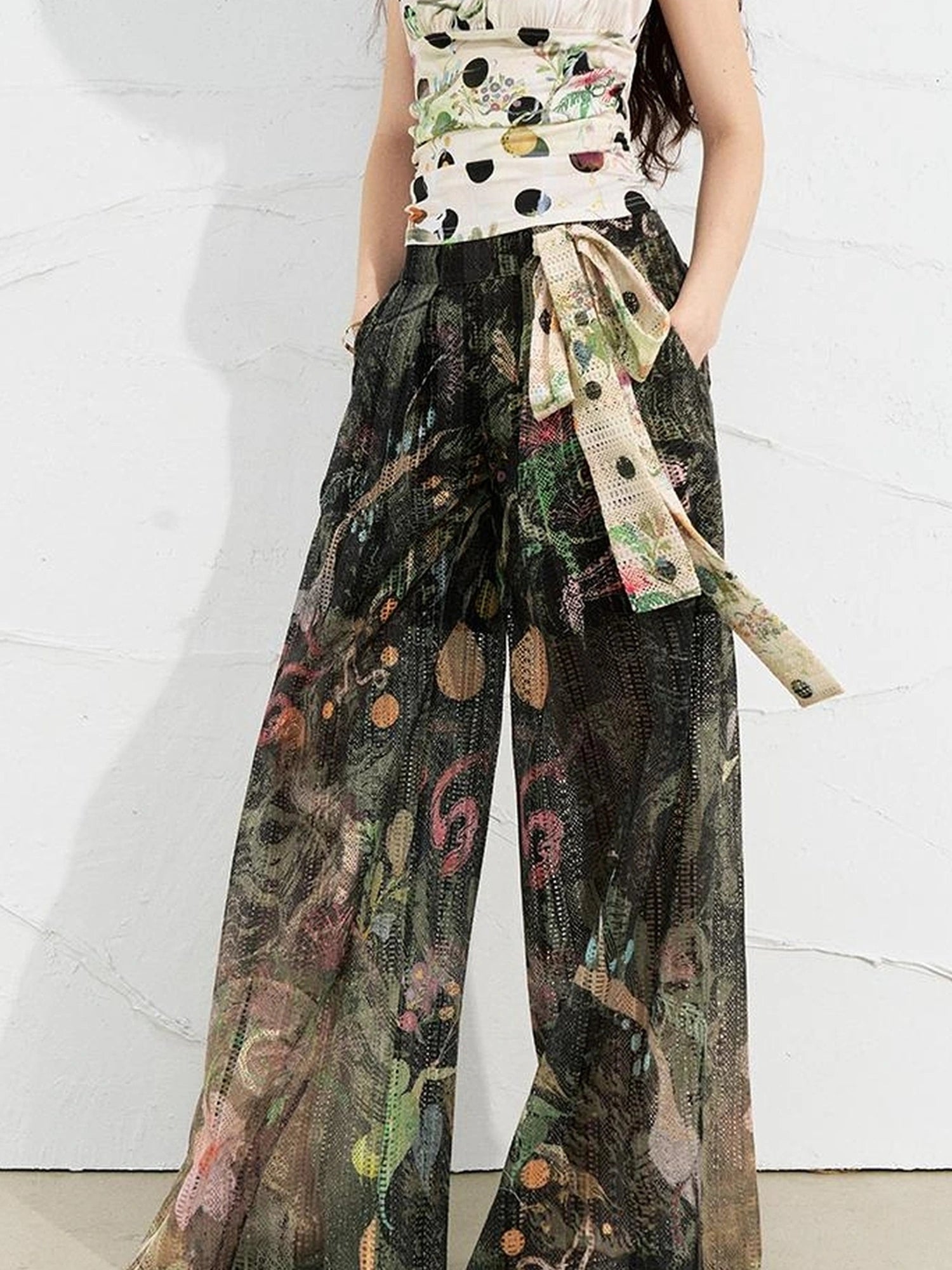 OfAkiva Mystic Forest Sheer Print Wide Leg Pants