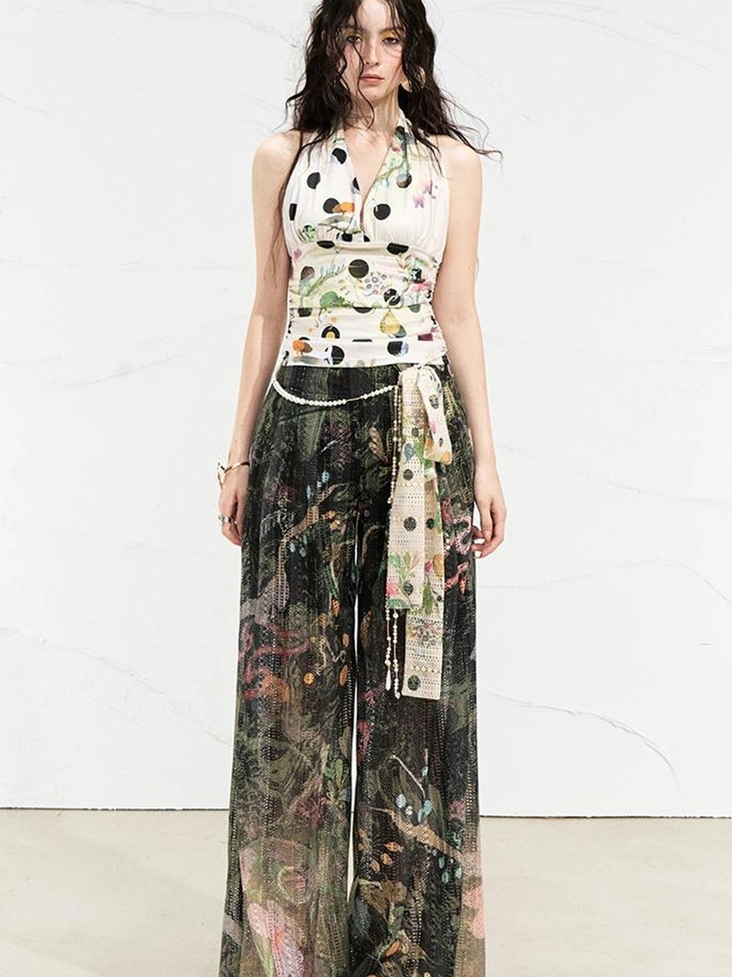 OfAkiva Mystic Forest Sheer Print Wide Leg Pants