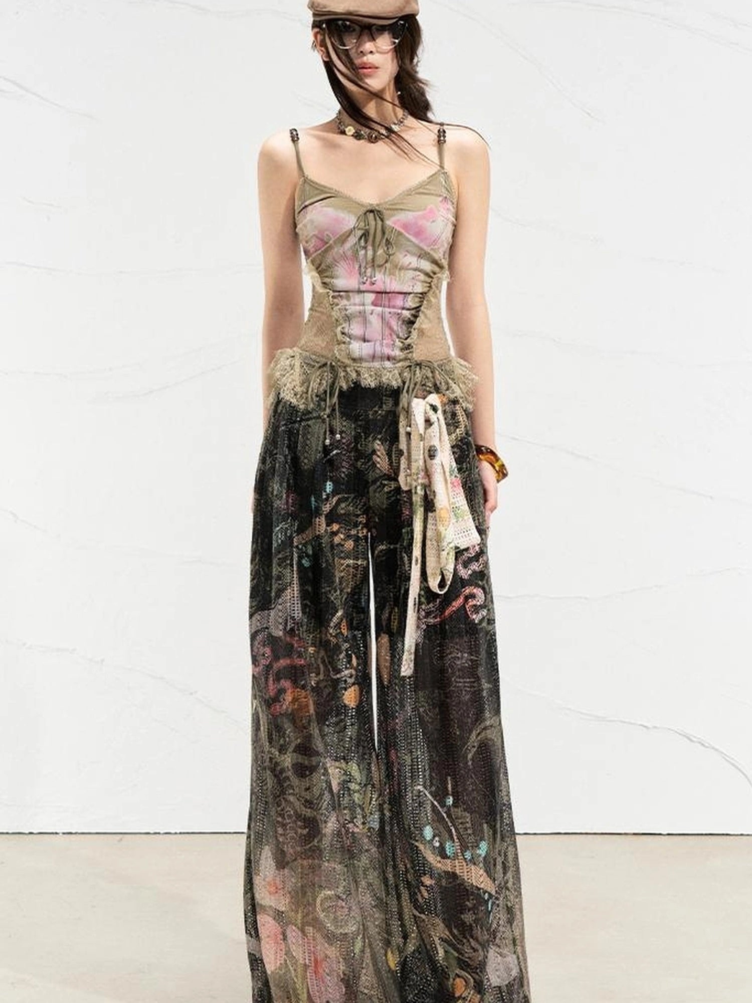 OfAkiva Mystic Forest Sheer Print Wide Leg Pants