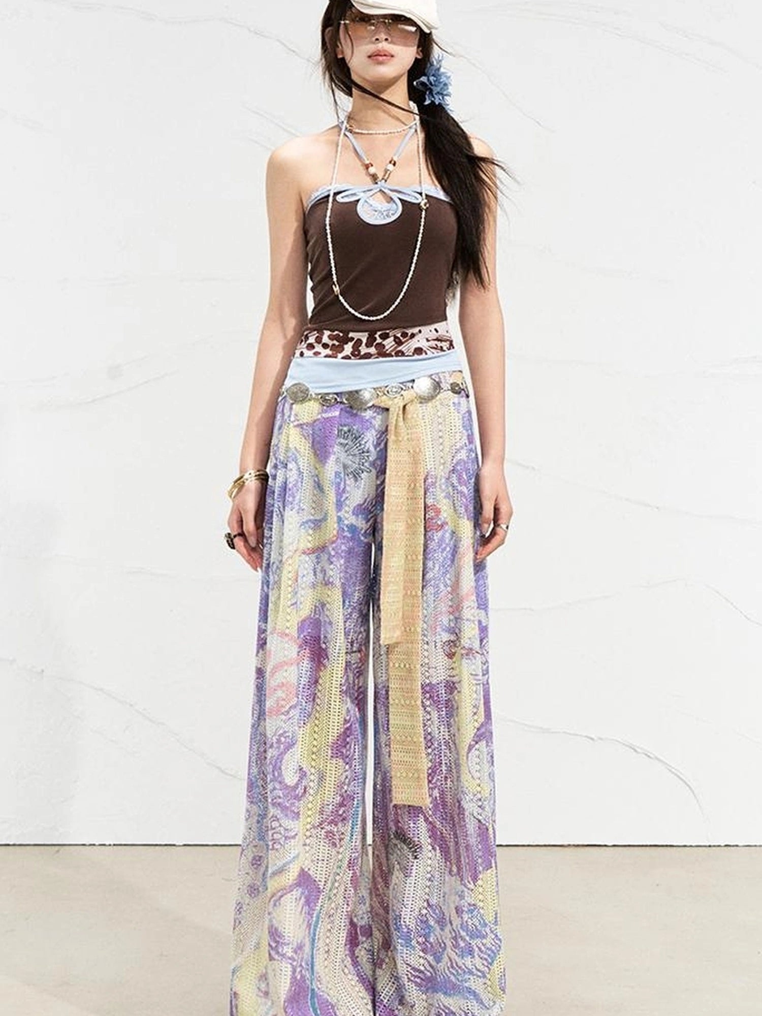 OfAkiva Mystic Forest Sheer Print Wide Leg Pants