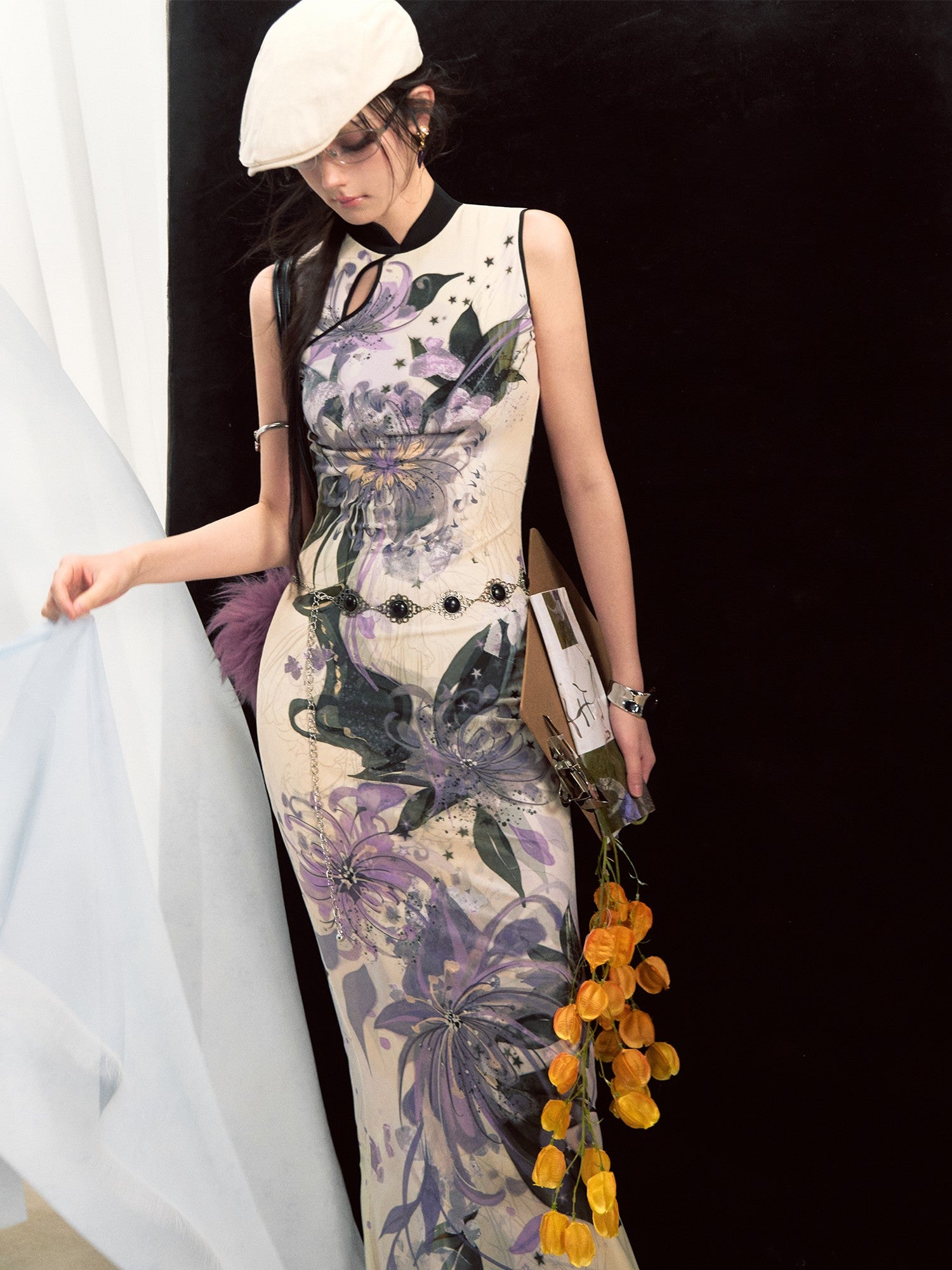 OfAkiva New Chinese Print Stand Collar Mermaid Waist Cinched Women&