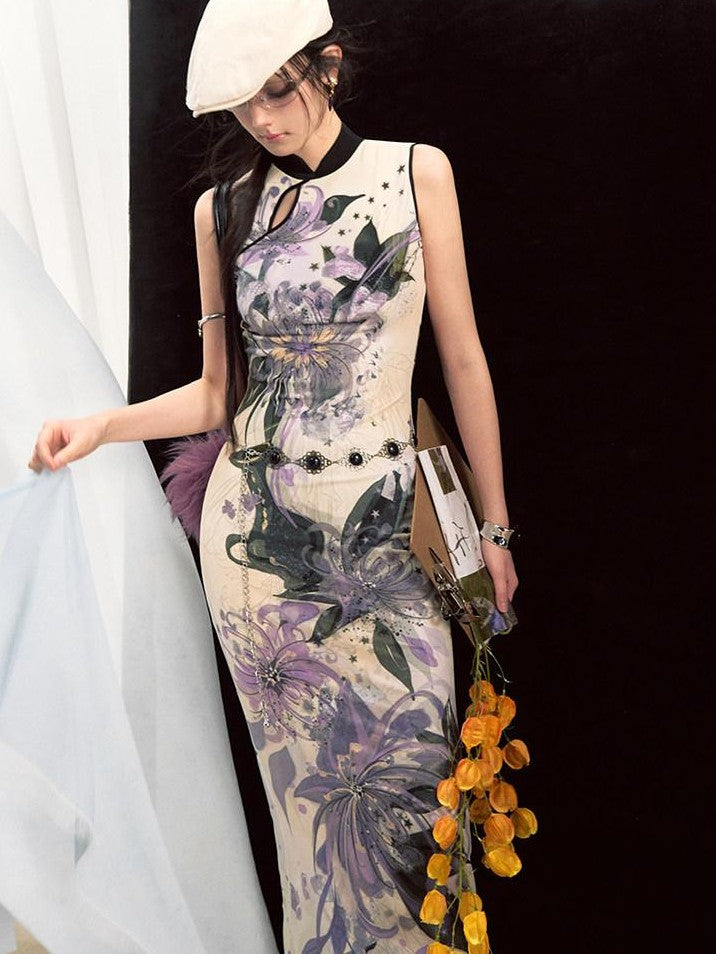 OfAkiva New Chinese Print Stand Collar Mermaid Waist Cinched Women&