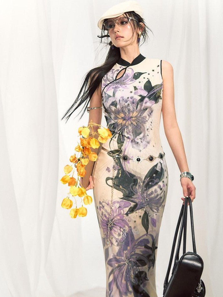 OfAkiva New Chinese Print Stand Collar Mermaid Waist Cinched Women&