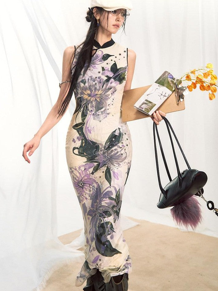 OfAkiva New Chinese Print Stand Collar Mermaid Waist Cinched Women&
