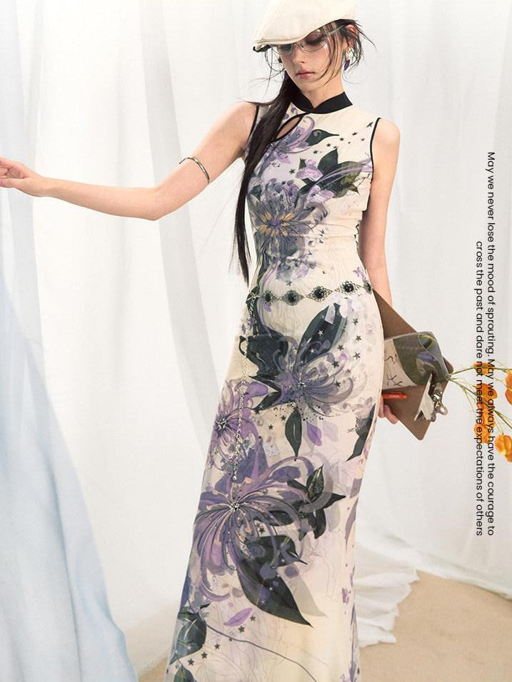 OfAkiva New Chinese Print Stand Collar Mermaid Waist Cinched Women&