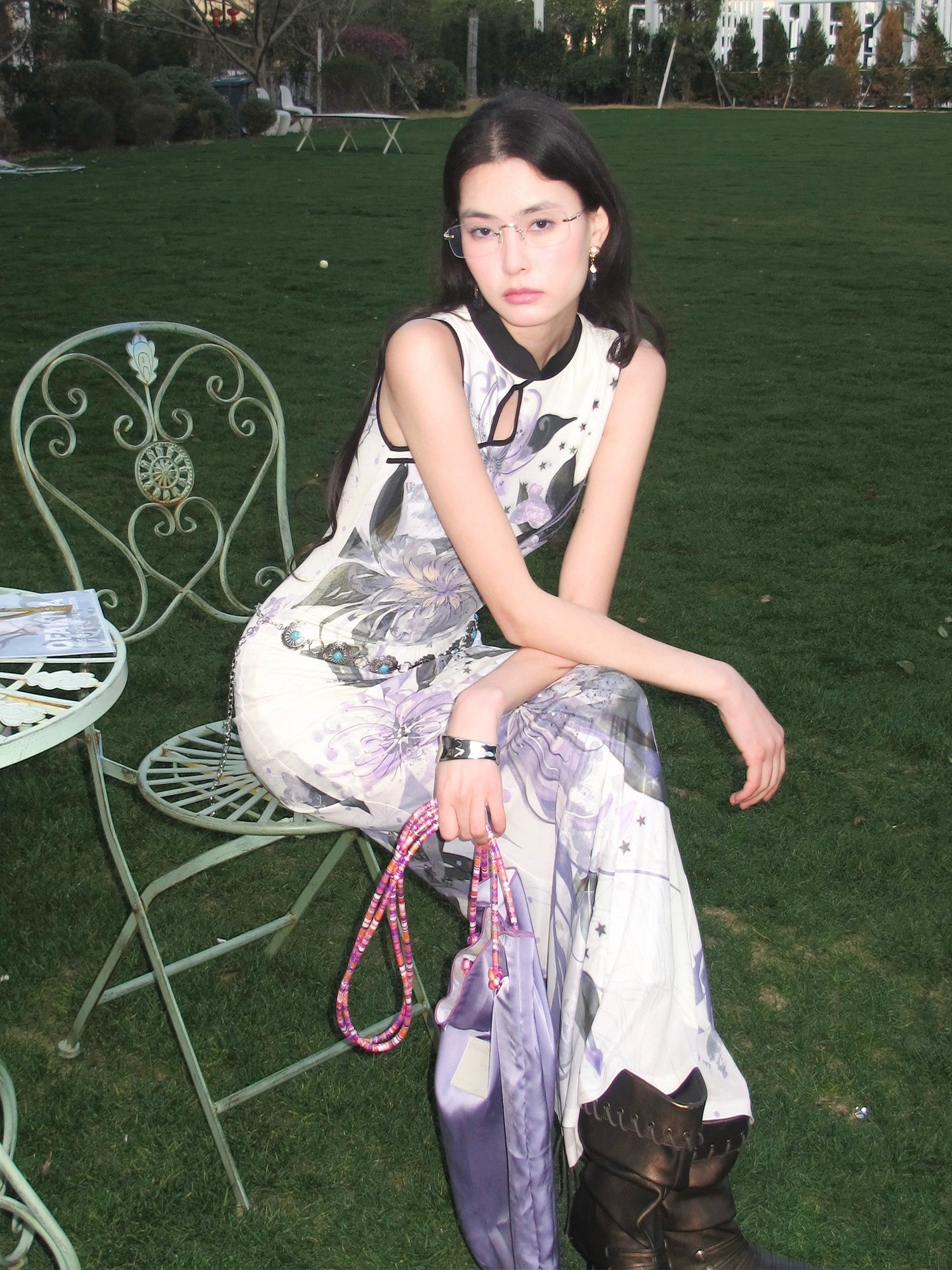 OfAkiva New Chinese Print Stand Collar Mermaid Waist Cinched Women&