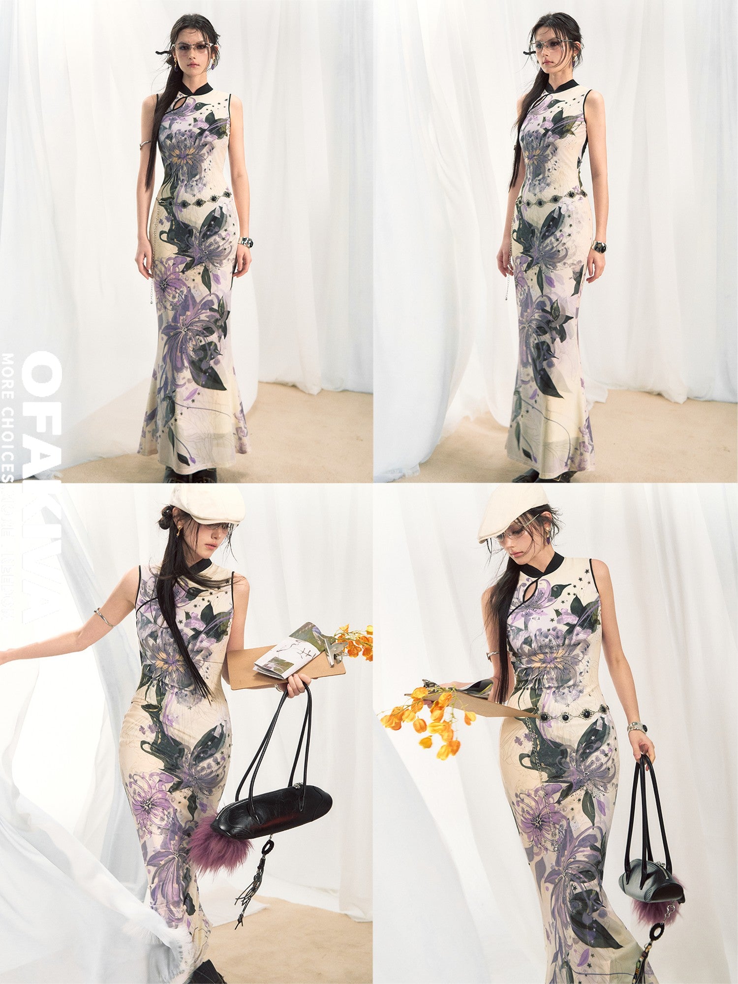 OfAkiva New Chinese Print Stand Collar Mermaid Waist Cinched Women&