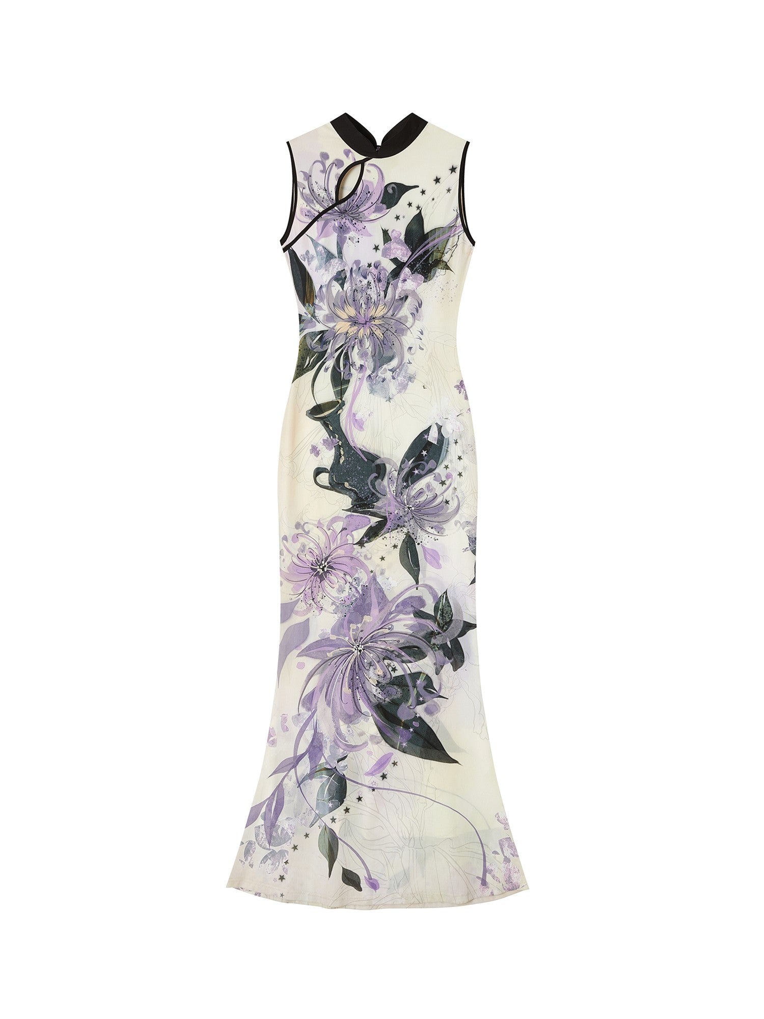 OfAkiva New Chinese Print Stand Collar Mermaid Waist Cinched Women&