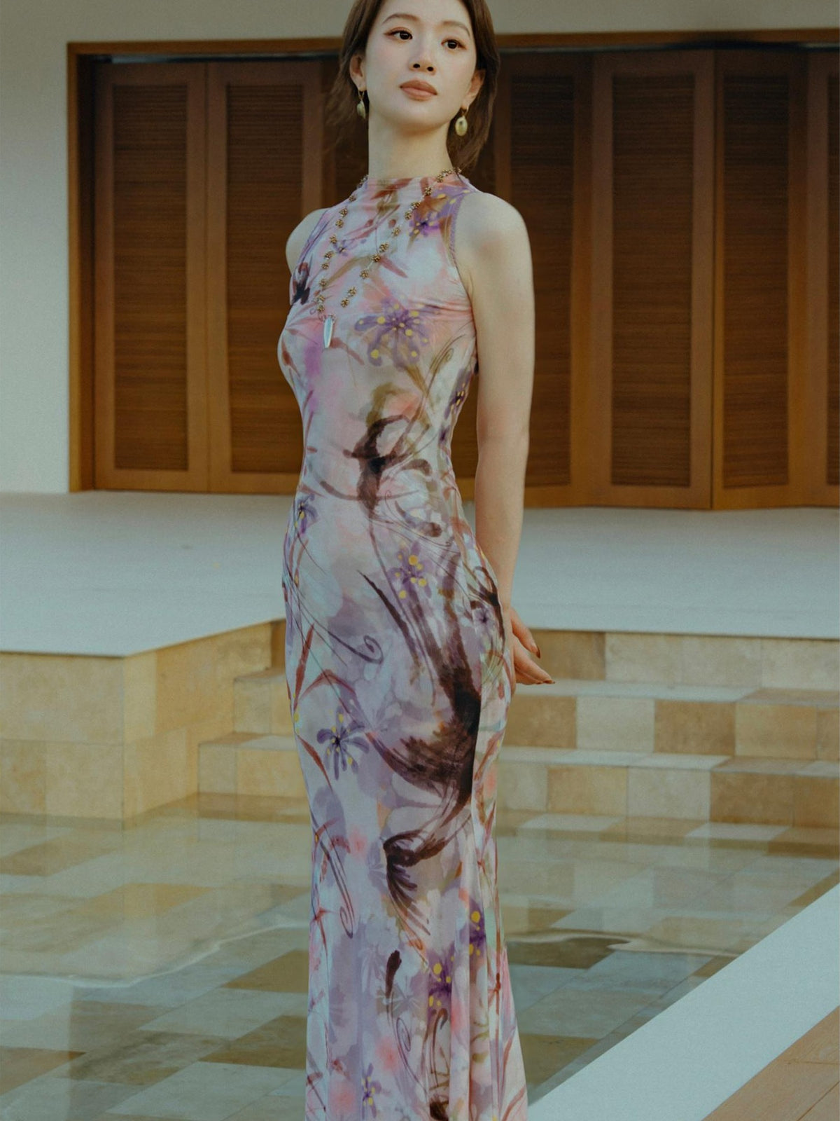 OfAkiva New Chinese Style Print Half High Neck Slim Fit Mermaid Women&